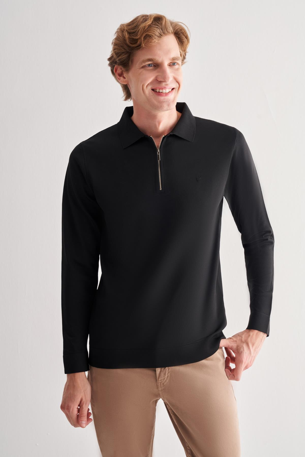 Siyah Uzun Kol Fermuarlı Yaka Cepsiz  Slim Fit  Triko 1012255150