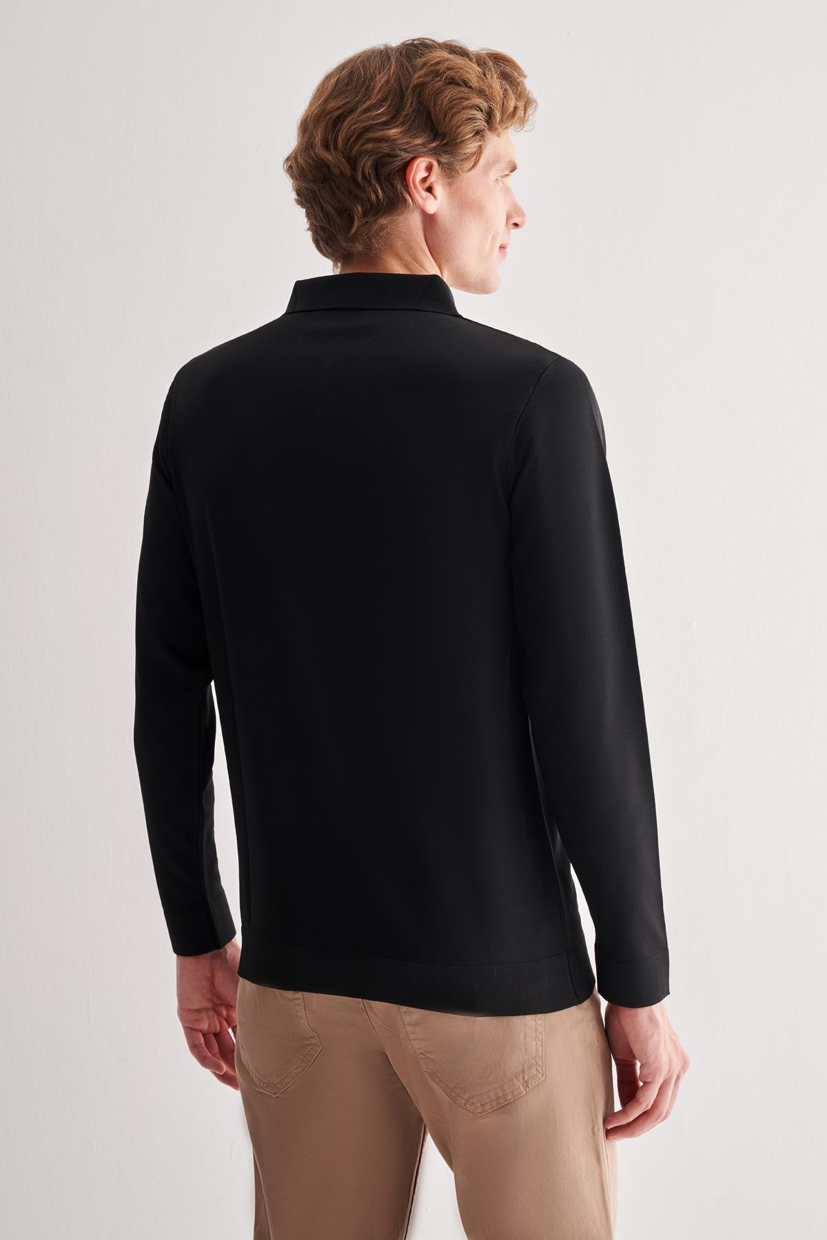 Siyah Uzun Kol Fermuarlı Yaka Cepsiz  Slim Fit  Triko 1012255150