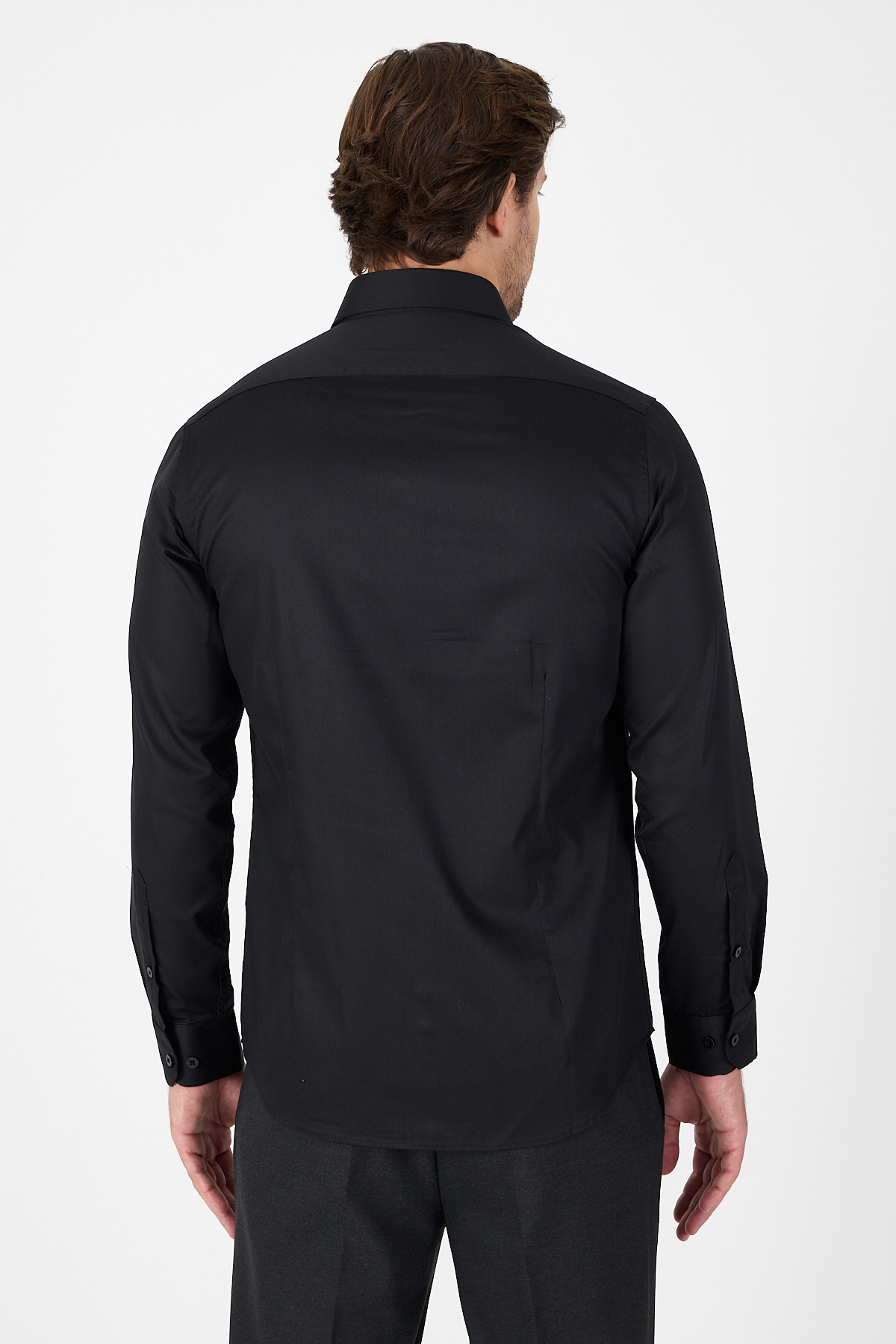 Siyah Uzun Kol Yarım İtalyan Yaka Kolay Ütü Slim Fit Pamuklu Gömlek 1004250267