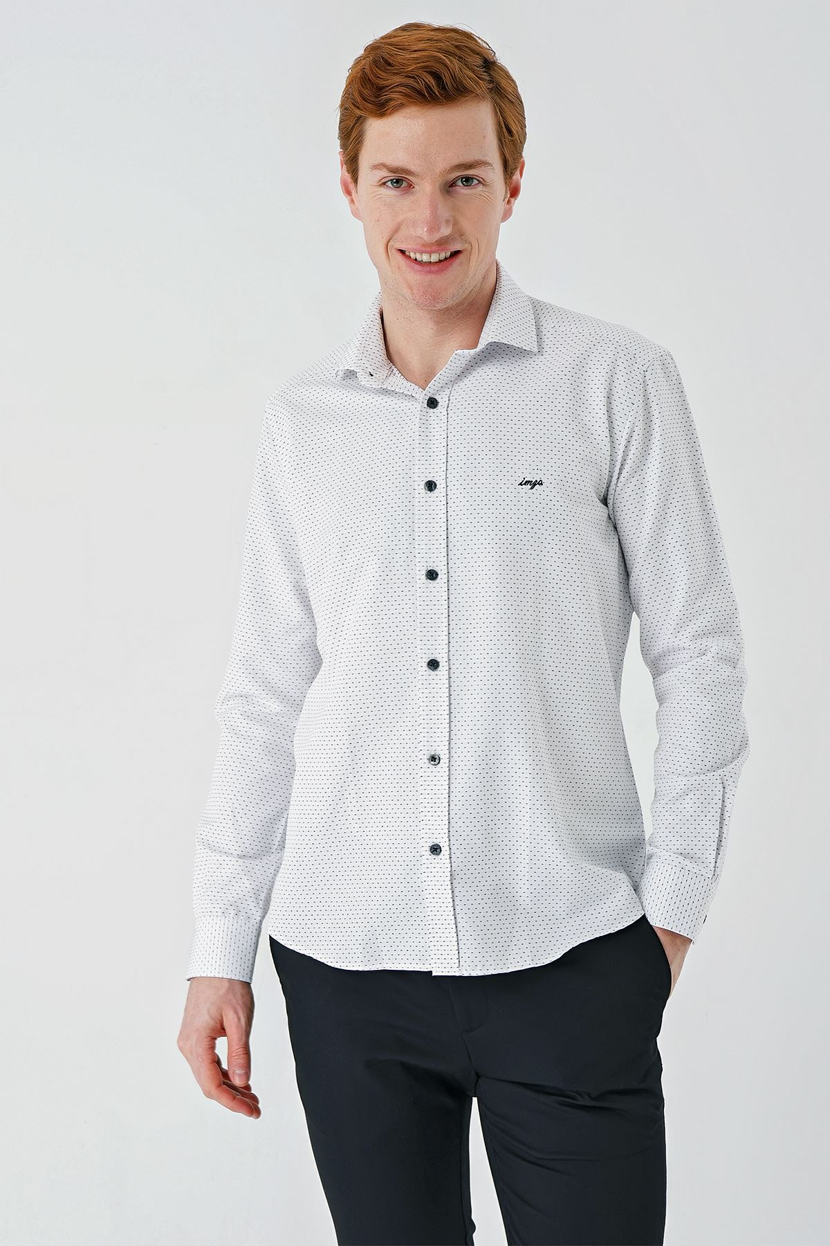 Beyaz Uzun Kollu Desenli Armürlü Pamuklu Klasik Slim Fit Dar Kesim Gömlek 1004240189
