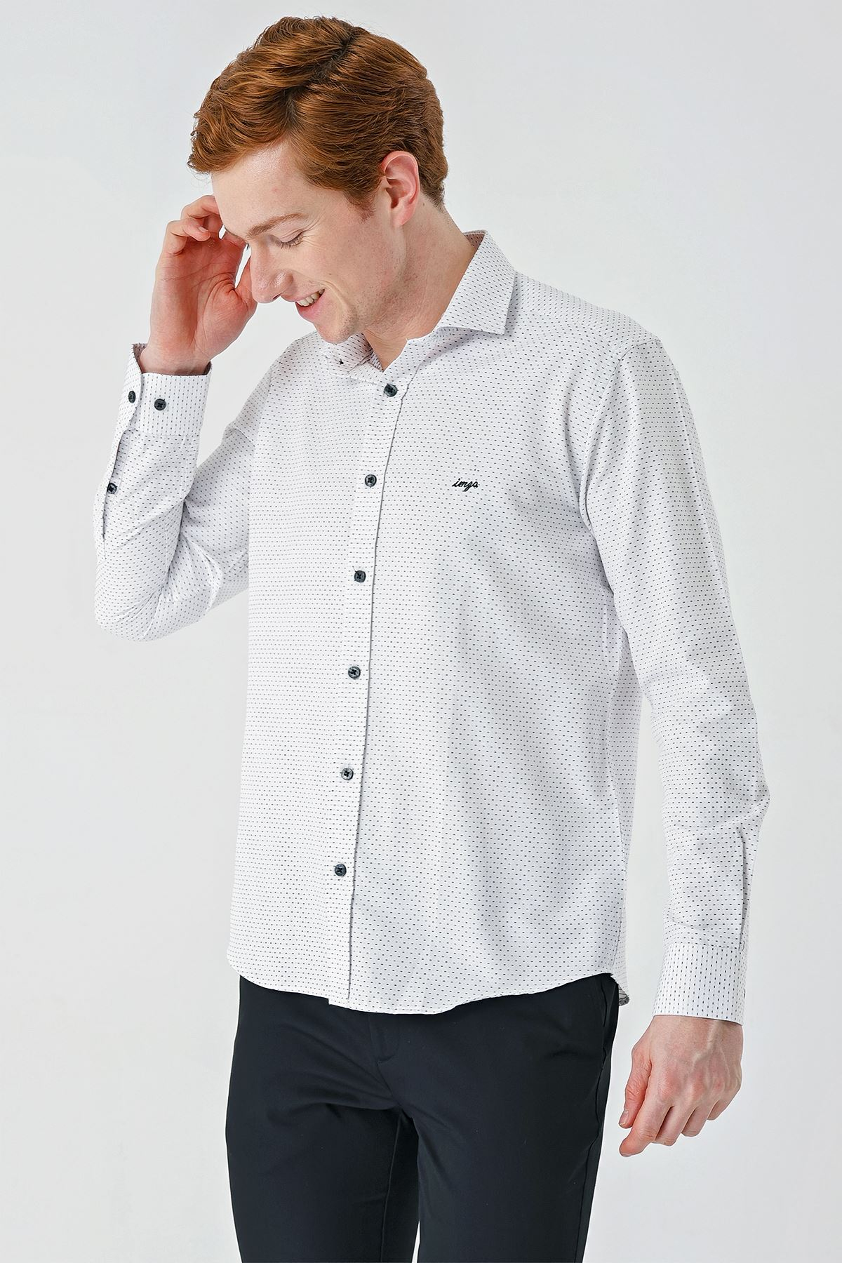 Beyaz Uzun Kollu Desenli Armürlü Pamuklu Klasik Slim Fit Dar Kesim Gömlek 1004240189