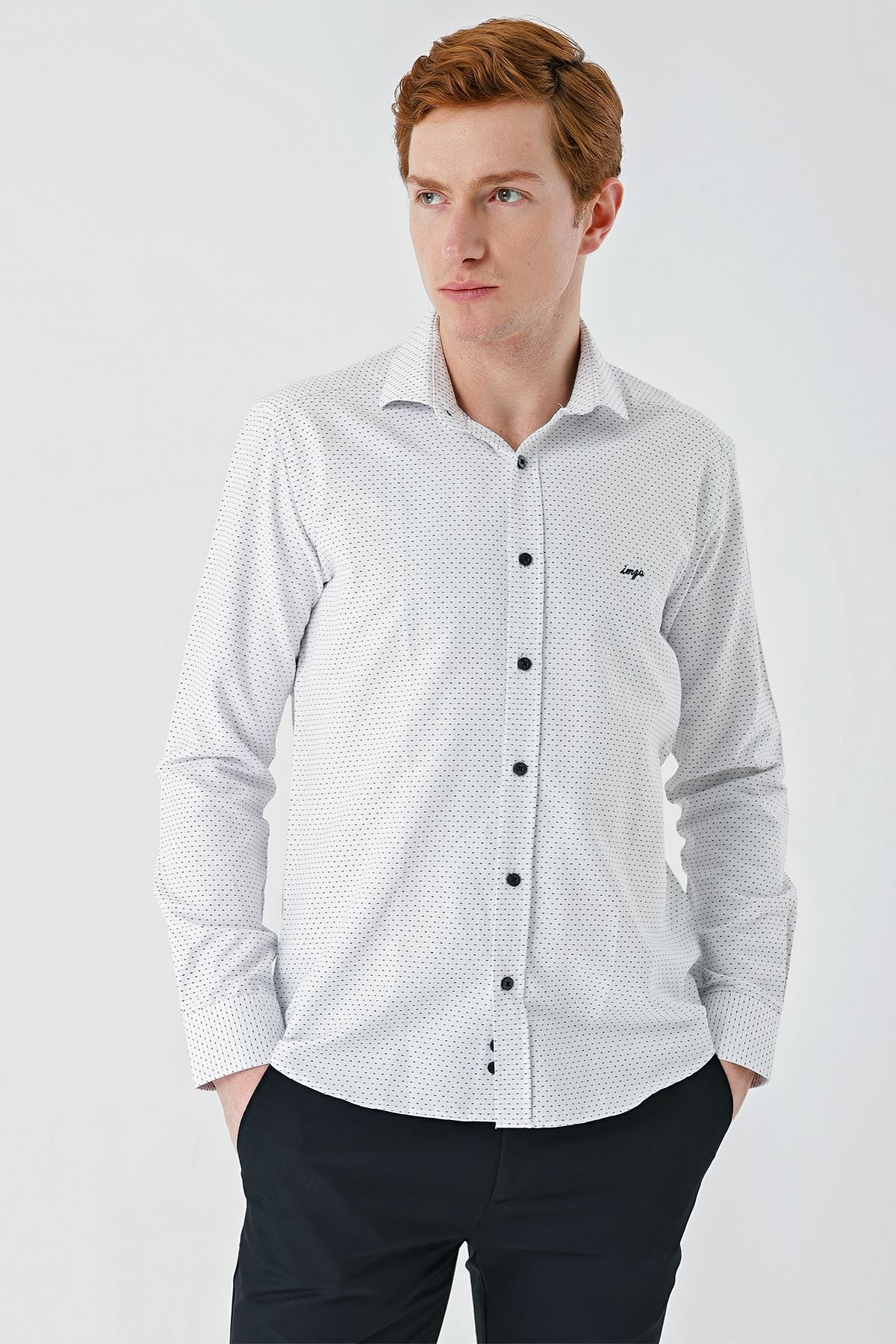 Beyaz Uzun Kollu Desenli Armürlü Pamuklu Klasik Slim Fit Dar Kesim Gömlek 1004240189