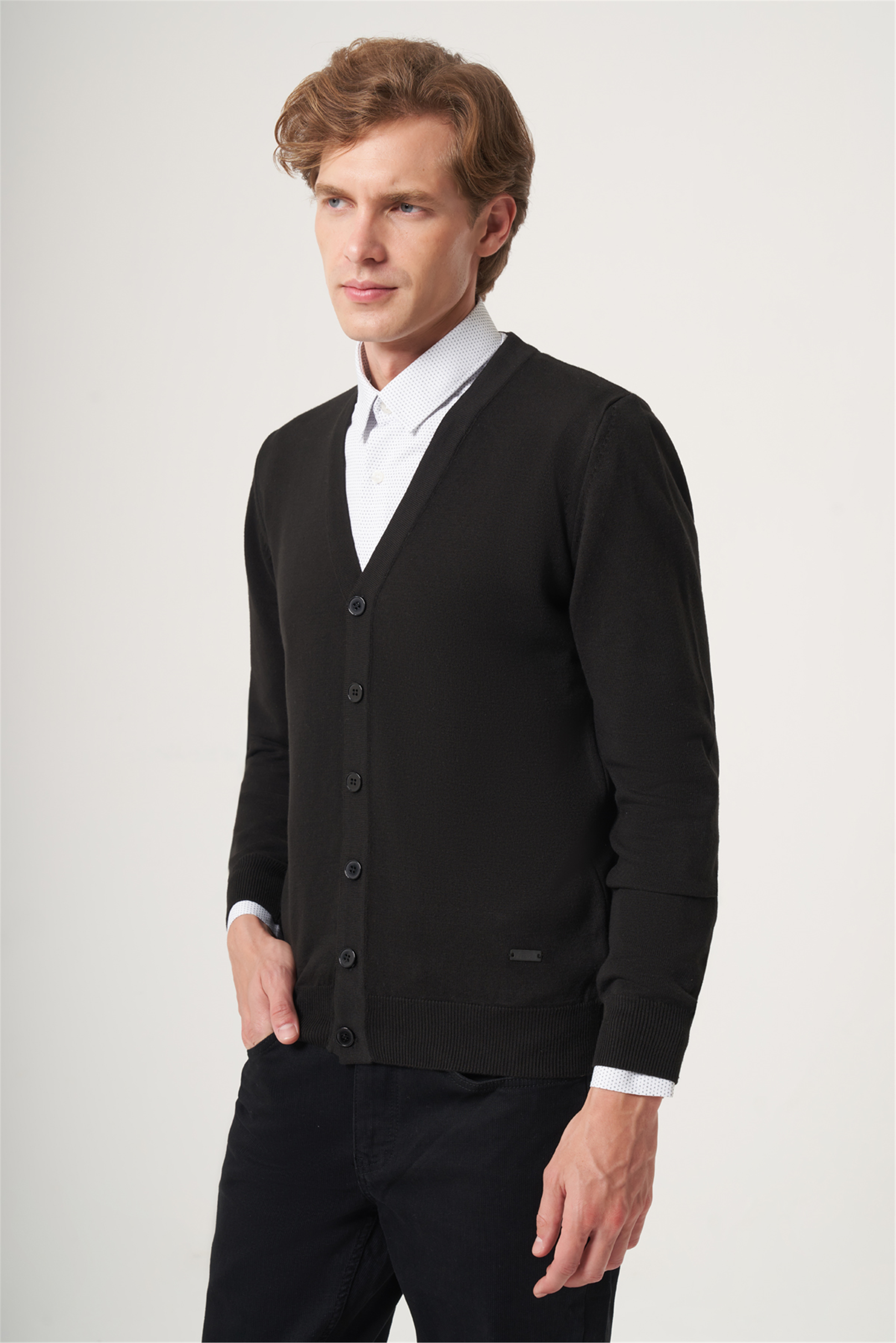 Siyah V Yaka Uzun Kol Örme Comfort Fit Pamuklu Hırka Triko 1012265016