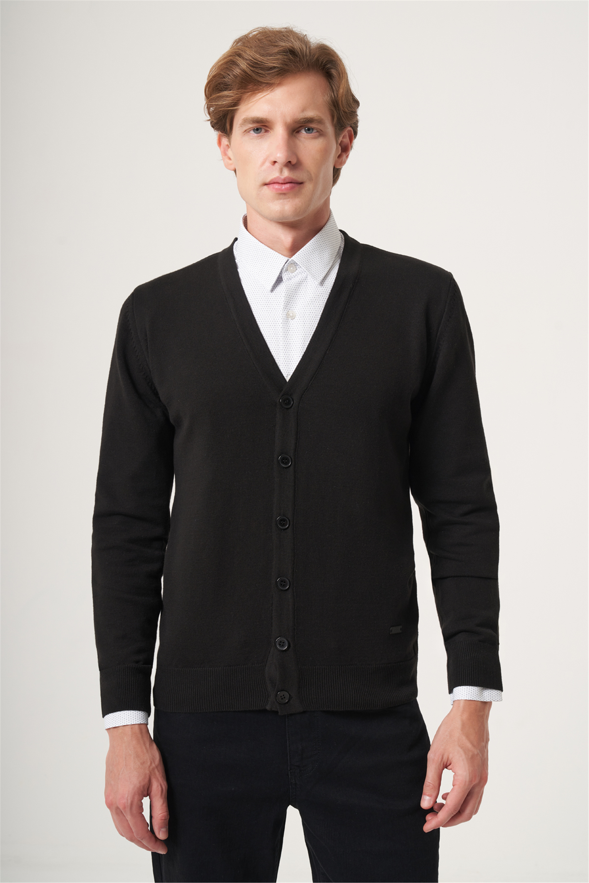 Siyah V Yaka Uzun Kol Örme Comfort Fit Pamuklu Hırka Triko 1012265016