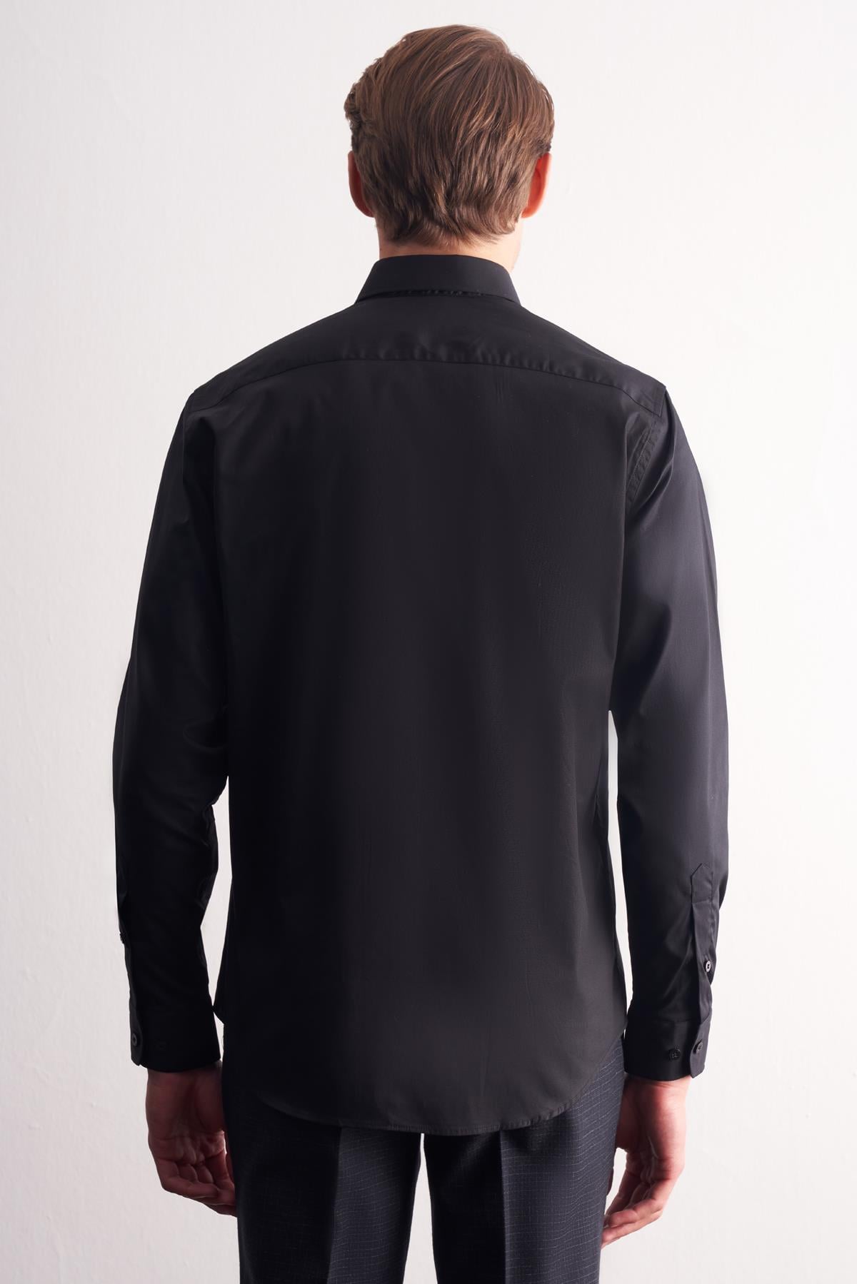 Siyah Yarım İtalyan Yaka Uzun Kol Premium Slim Fit Pamuklu Gömlek 1004255198