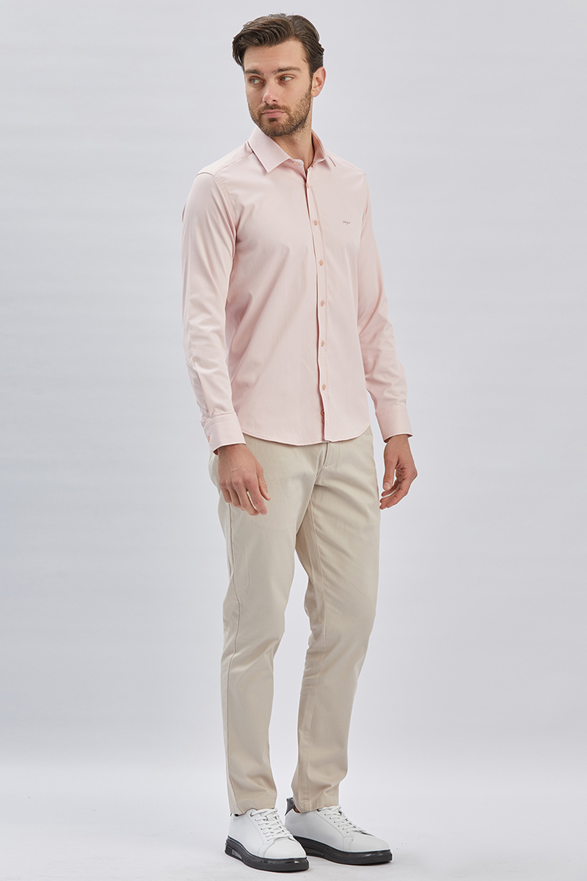 Pembe Uzun Kollu Cepsiz Pamuklu Likralı Klasik Slim Fit Gömlek 1004240234