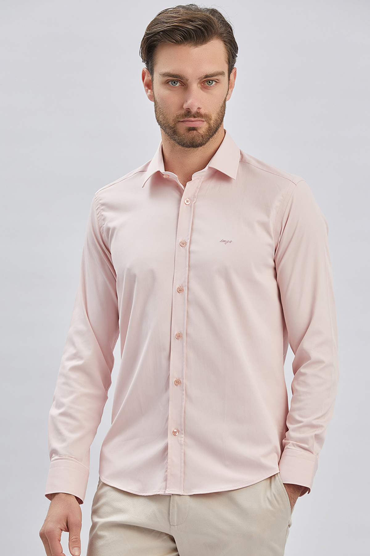 Pembe Uzun Kollu Cepsiz Pamuklu Likralı Klasik Slim Fit Gömlek 1004240234