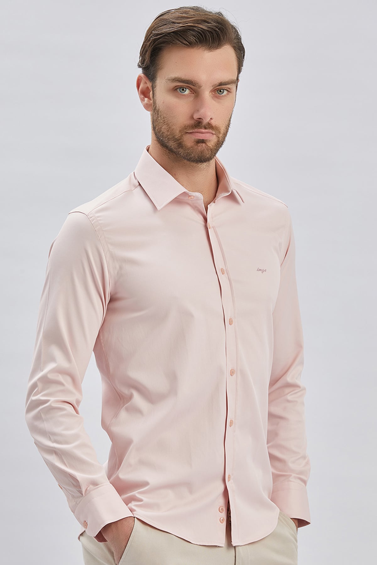 Pembe Uzun Kollu Cepsiz Pamuklu Likralı Klasik Slim Fit Gömlek 1004240234