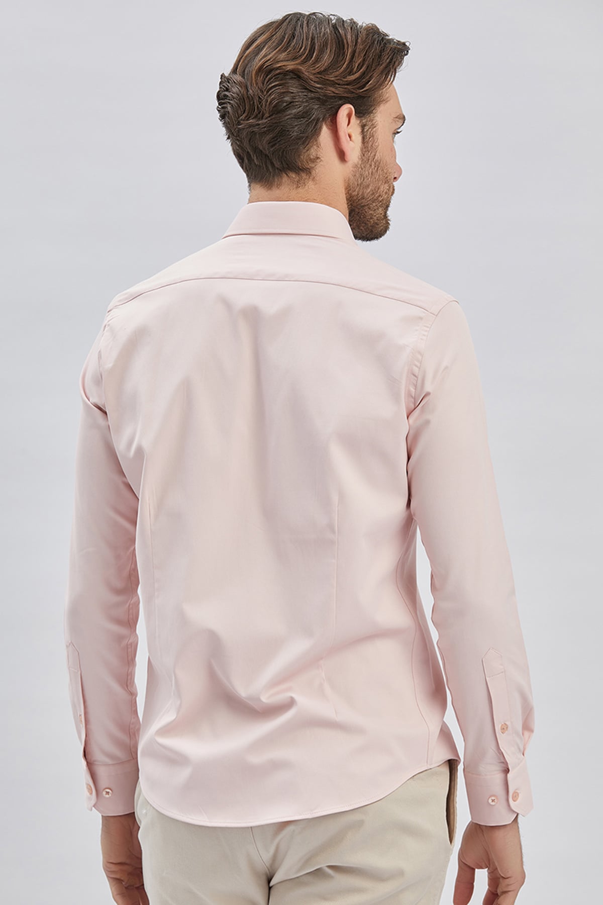 Pembe Uzun Kollu Cepsiz Pamuklu Likralı Klasik Slim Fit Gömlek 1004240234