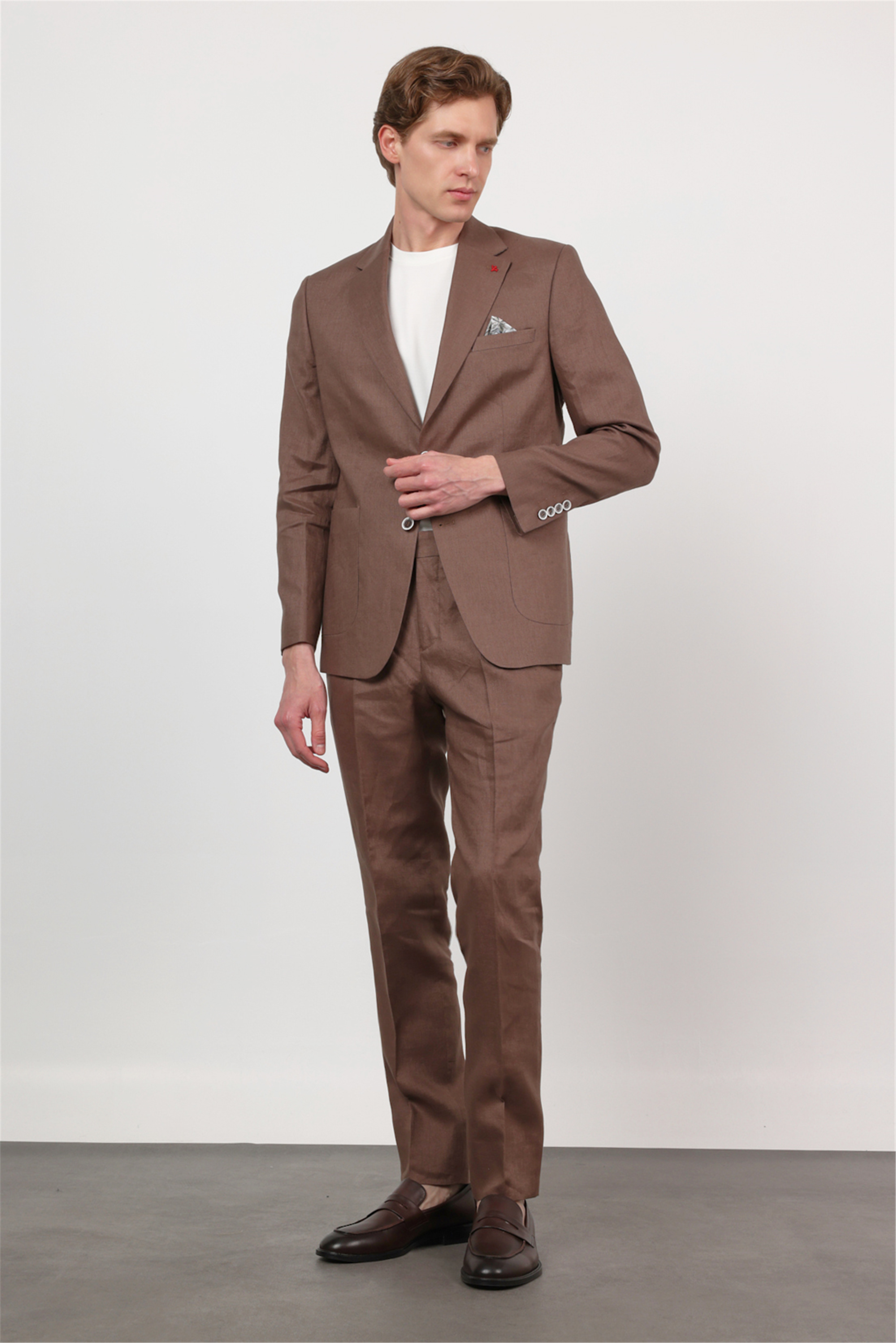Kahverengi Mono Yaka Keten 6 Drop Slim Fit Yarım Astar %100 Keten Takım Elbise 1001260164