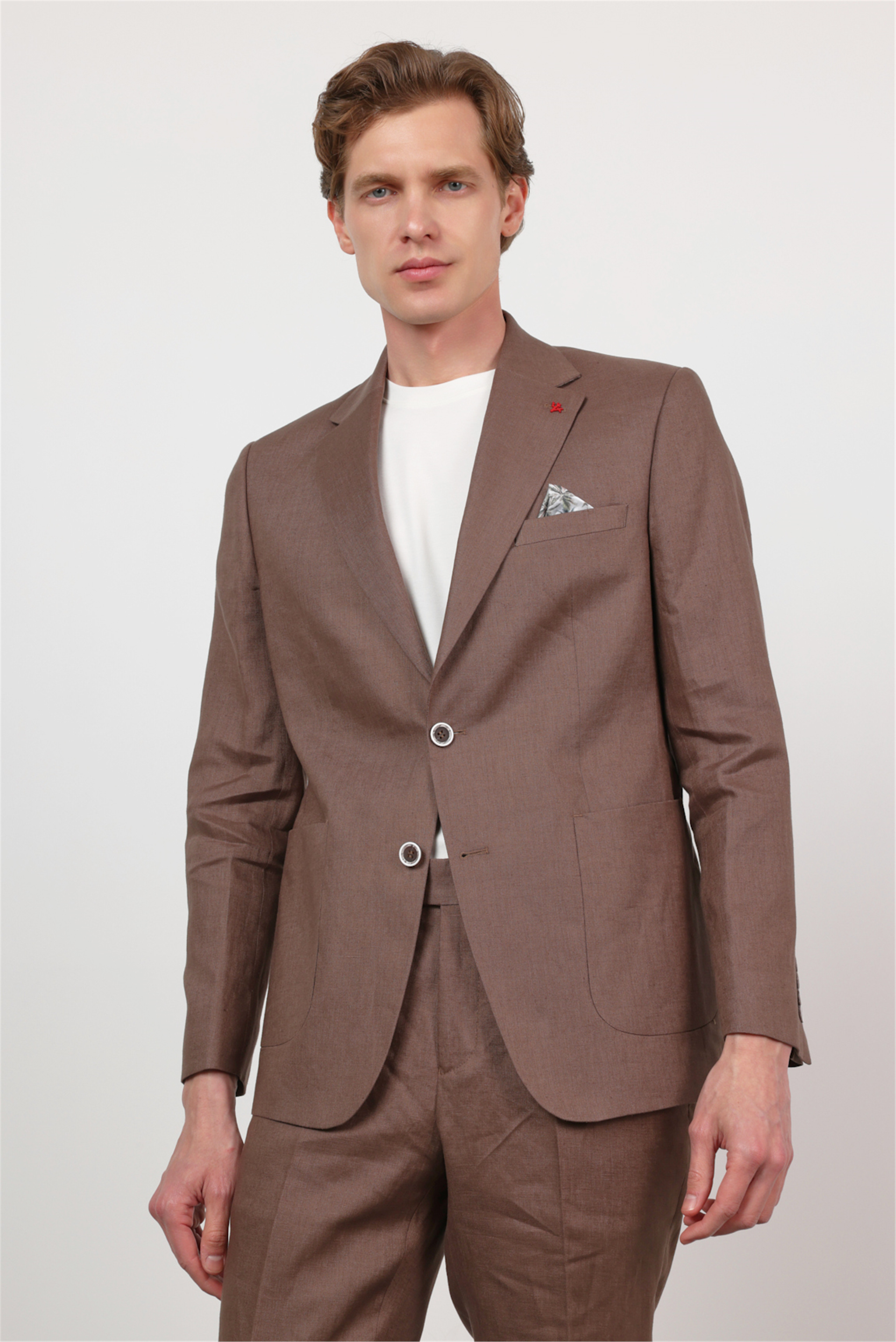 Kahverengi Mono Yaka Keten 6 Drop Slim Fit Yarım Astar %100 Keten Takım Elbise 1001260164
