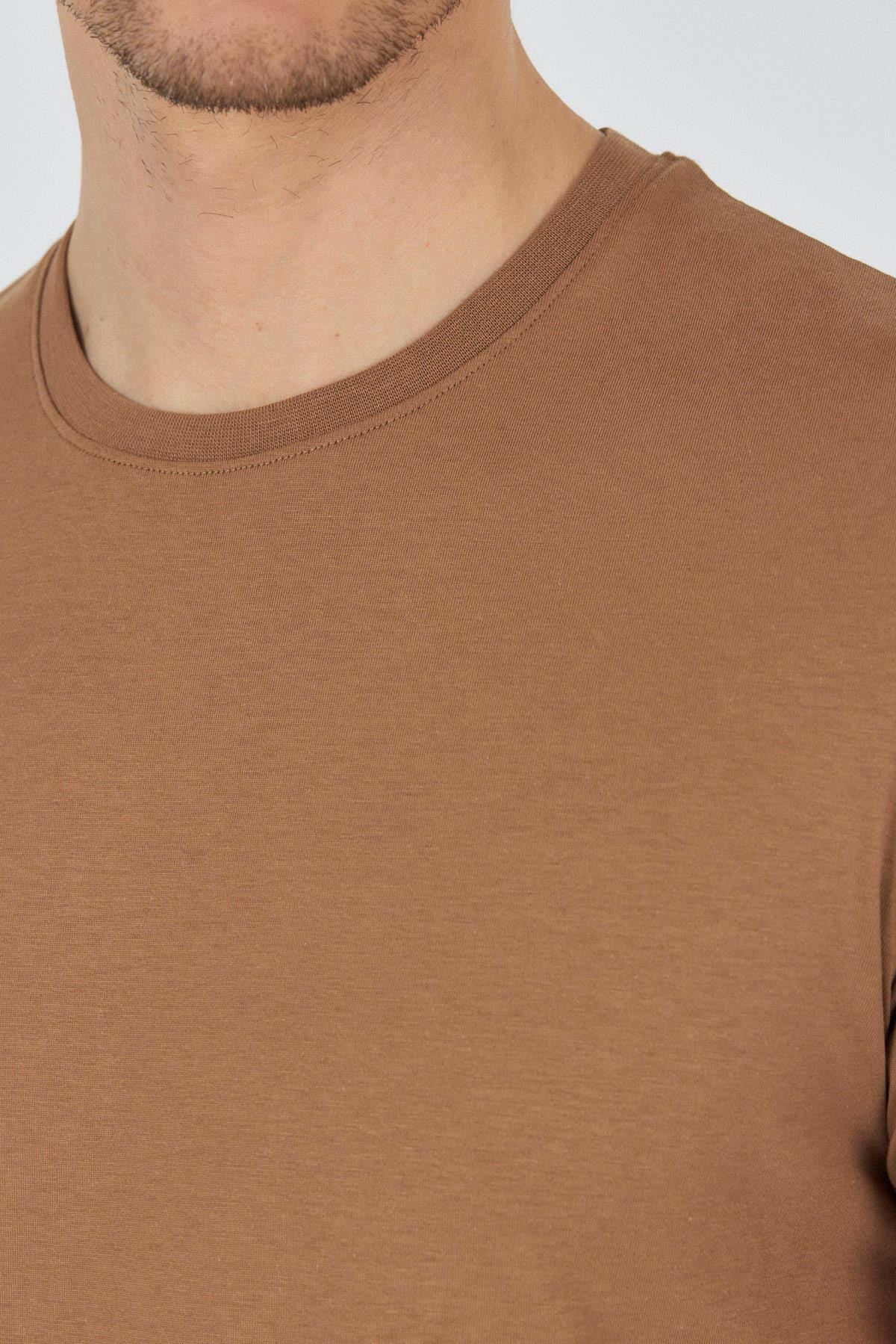 Kahverengi Kısa Kol Bisiklet Yaka Cepsiz Pamuk Casual Slim Fit Tişört 1011250158