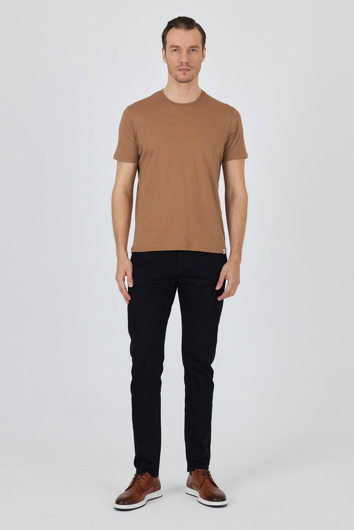Kahverengi Kısa Kol Bisiklet Yaka Cepsiz Pamuk Casual Slim Fit Tişört 1011250158