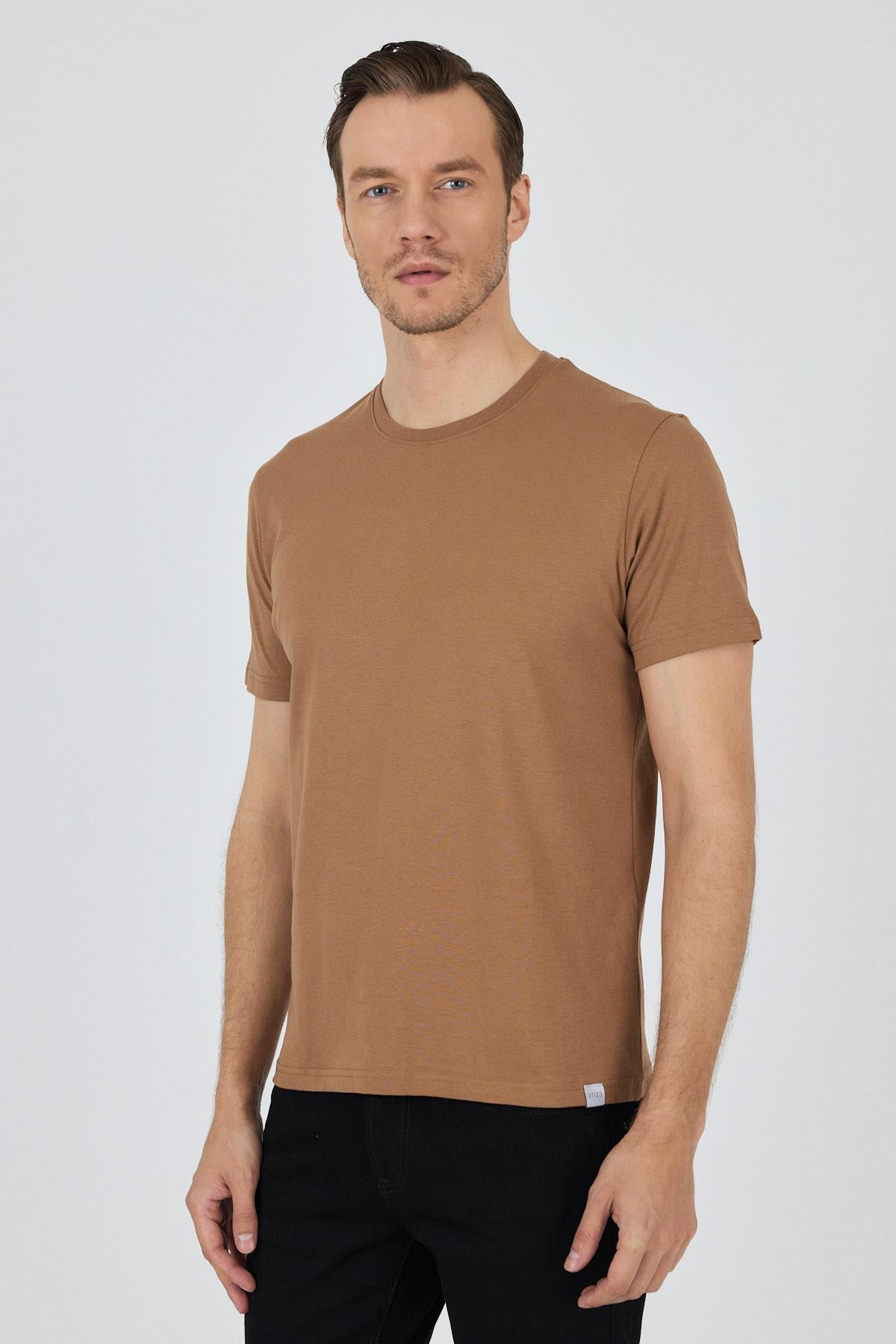 Kahverengi Kısa Kol Bisiklet Yaka Cepsiz Pamuk Casual Slim Fit Tişört 1011250158
