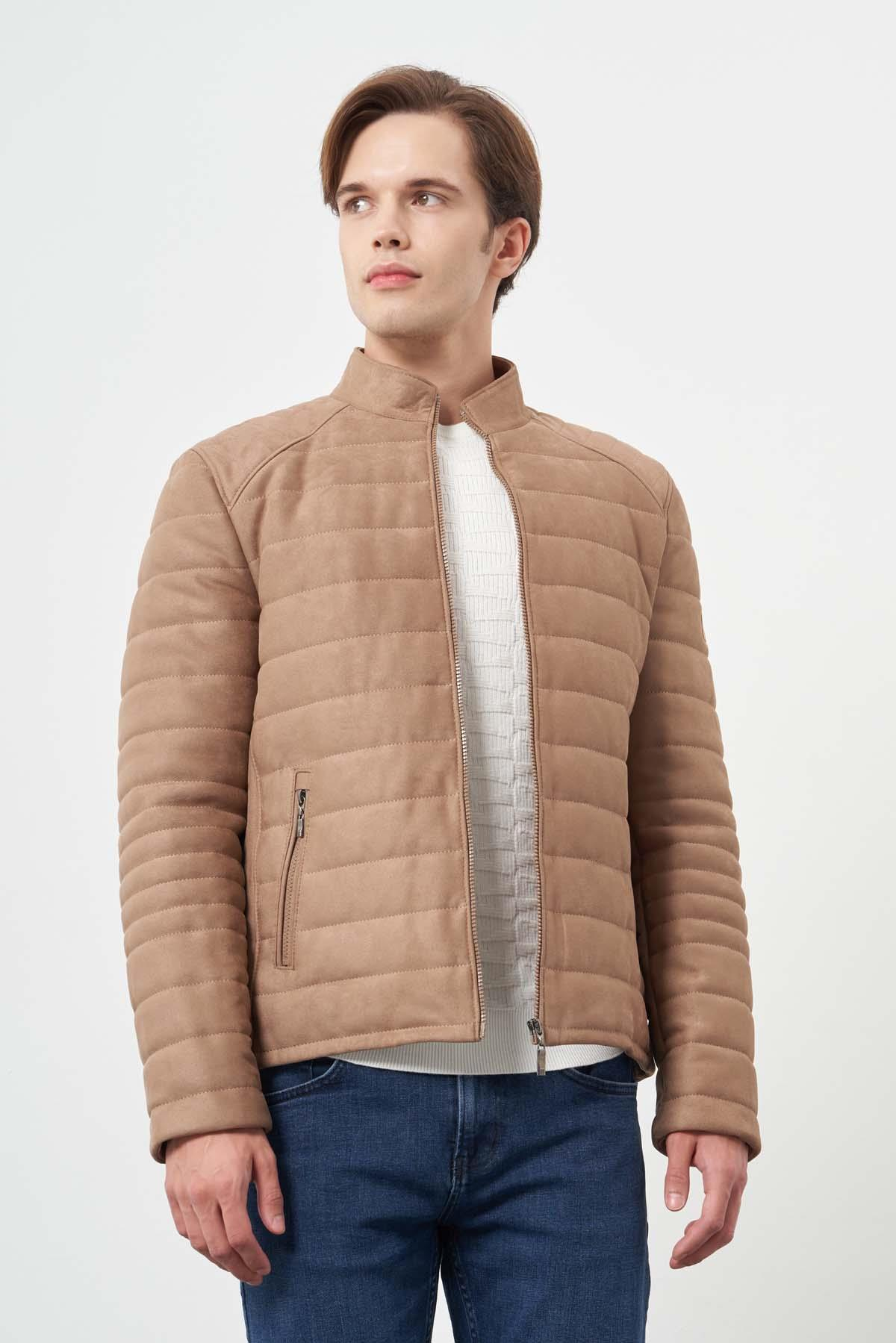 Kahverengi Suni Deri Hakim Yaka Düz Yırtmaçsız Tam Astar Slim Fit Casual Deri Mont 1038245150