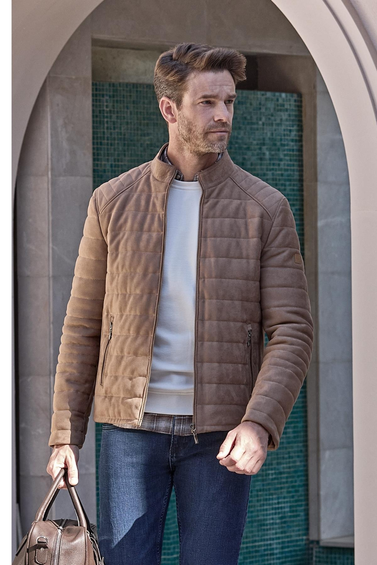 Kahverengi Suni Deri Hakim Yaka Düz Yırtmaçsız Tam Astar Slim Fit Casual Deri Mont 1038245150