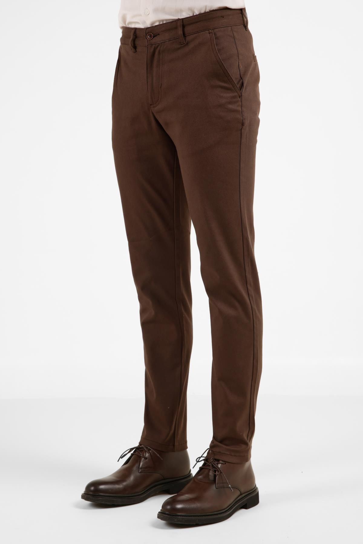 Kahverengi Yan Cep Düz Paça Pamuklu Slim Fit Chino Casual Pantolon 1003255155