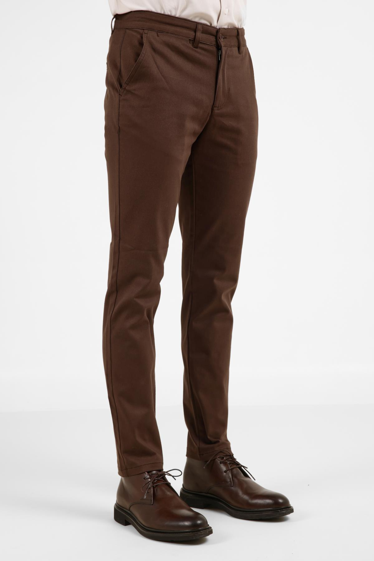 Kahverengi Yan Cep Düz Paça Pamuklu Slim Fit Chino Casual Pantolon 1003255155