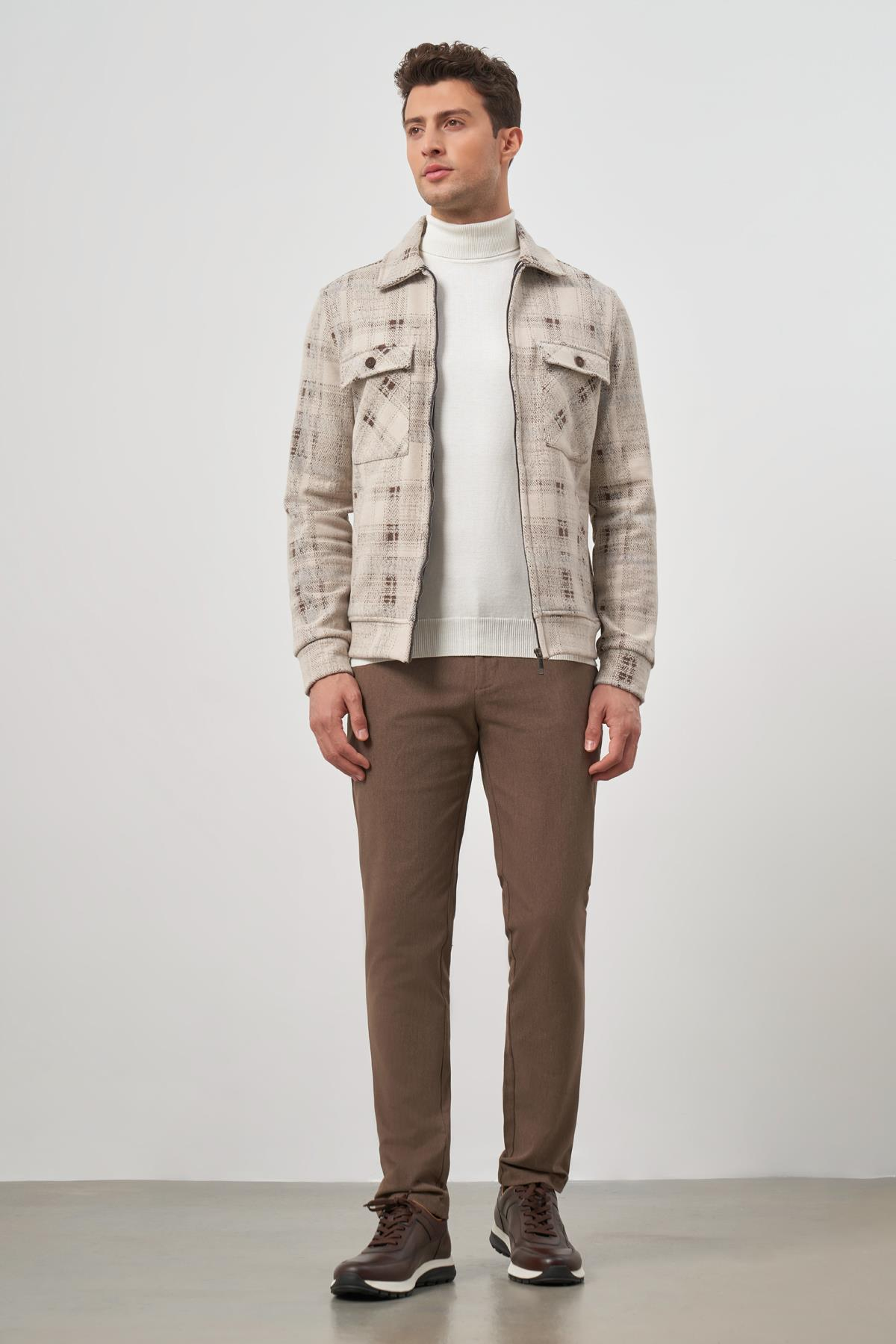 Camel Örme Bebe Yaka Kendinden Desenli Yırtmaçsız Astarsız Slim Fit Classic Mont 1007245157