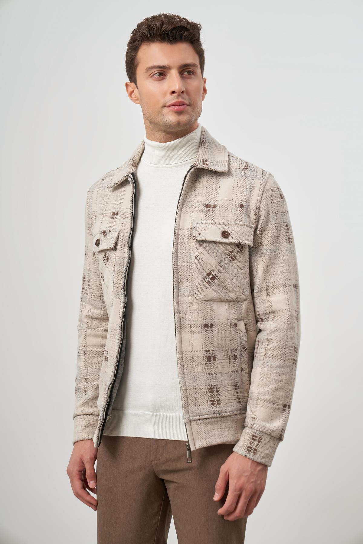 Camel Örme Bebe Yaka Kendinden Desenli Yırtmaçsız Astarsız Slim Fit Classic Mont 1007245157