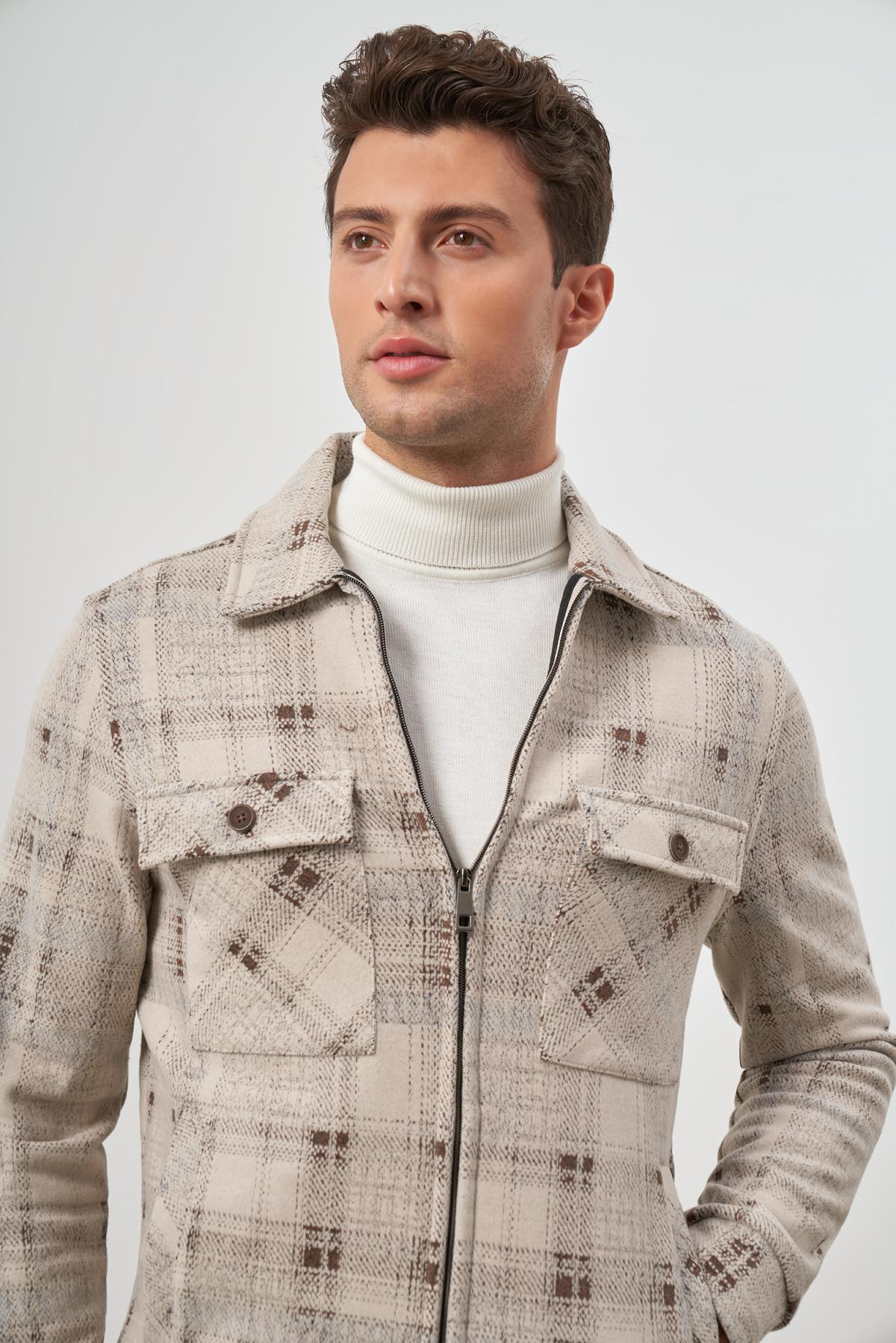 Camel Örme Bebe Yaka Kendinden Desenli Yırtmaçsız Astarsız Slim Fit Classic Mont 1007245157