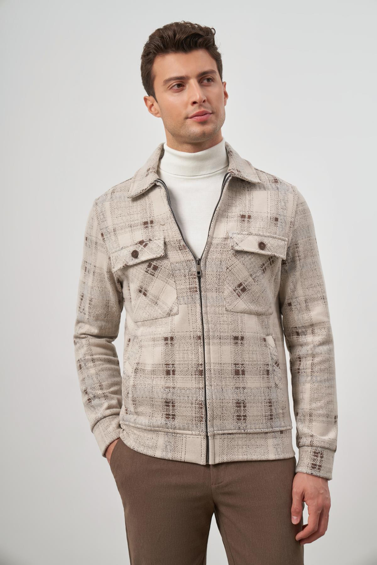 Camel Örme Bebe Yaka Kendinden Desenli Yırtmaçsız Astarsız Slim Fit Classic Mont 1007245157