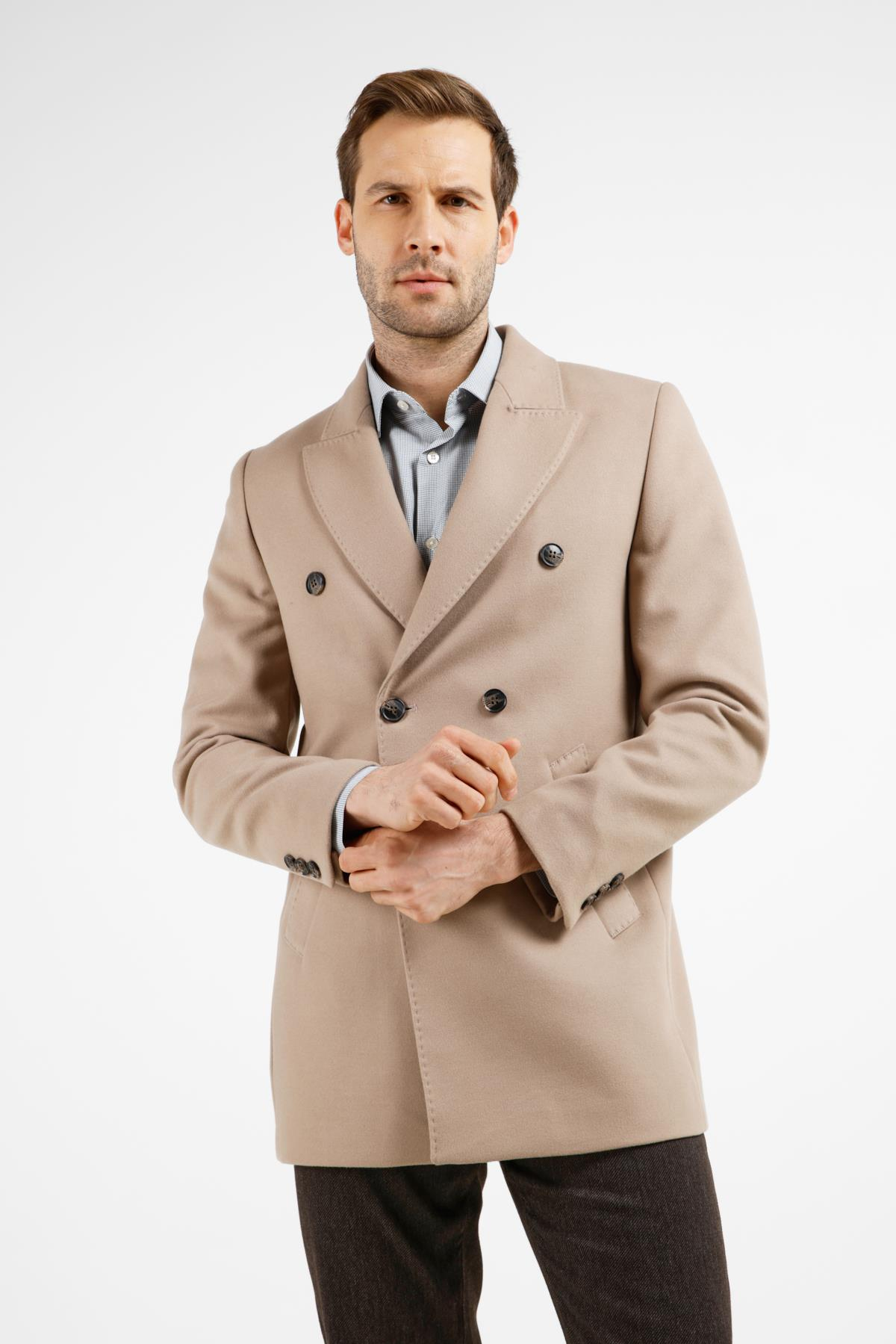 Taş Rengi Kılıç Yaka Classic Slim Fit Kruvaze Kaban 1008255102