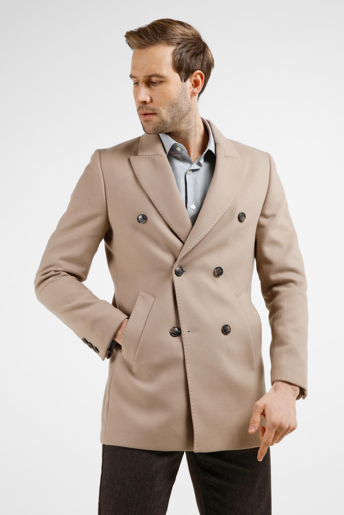 Taş Rengi Kılıç Yaka Classic Slim Fit Kruvaze Kaban 1008255102