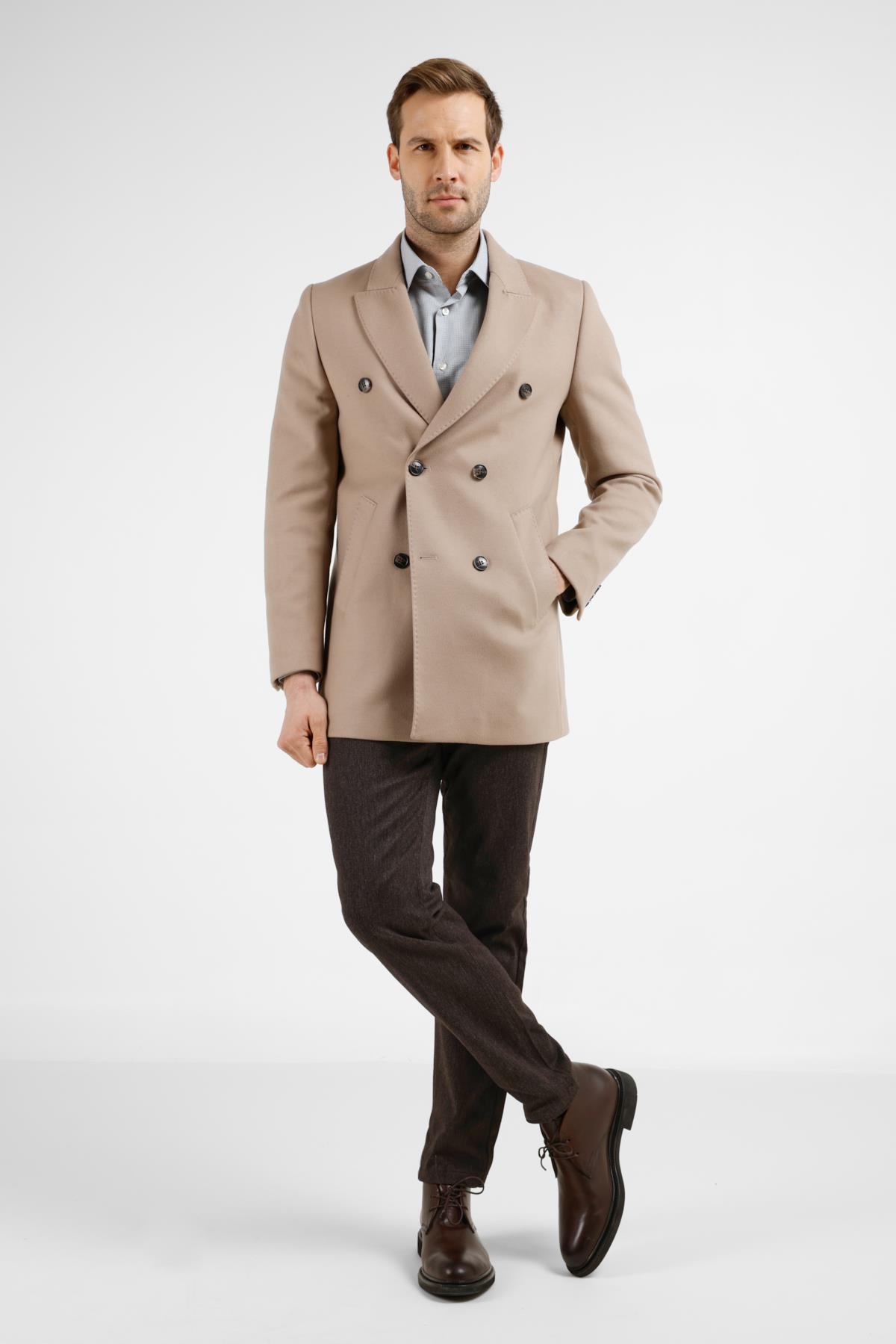 Taş Rengi Kılıç Yaka Classic Slim Fit Kruvaze Kaban 1008255102
