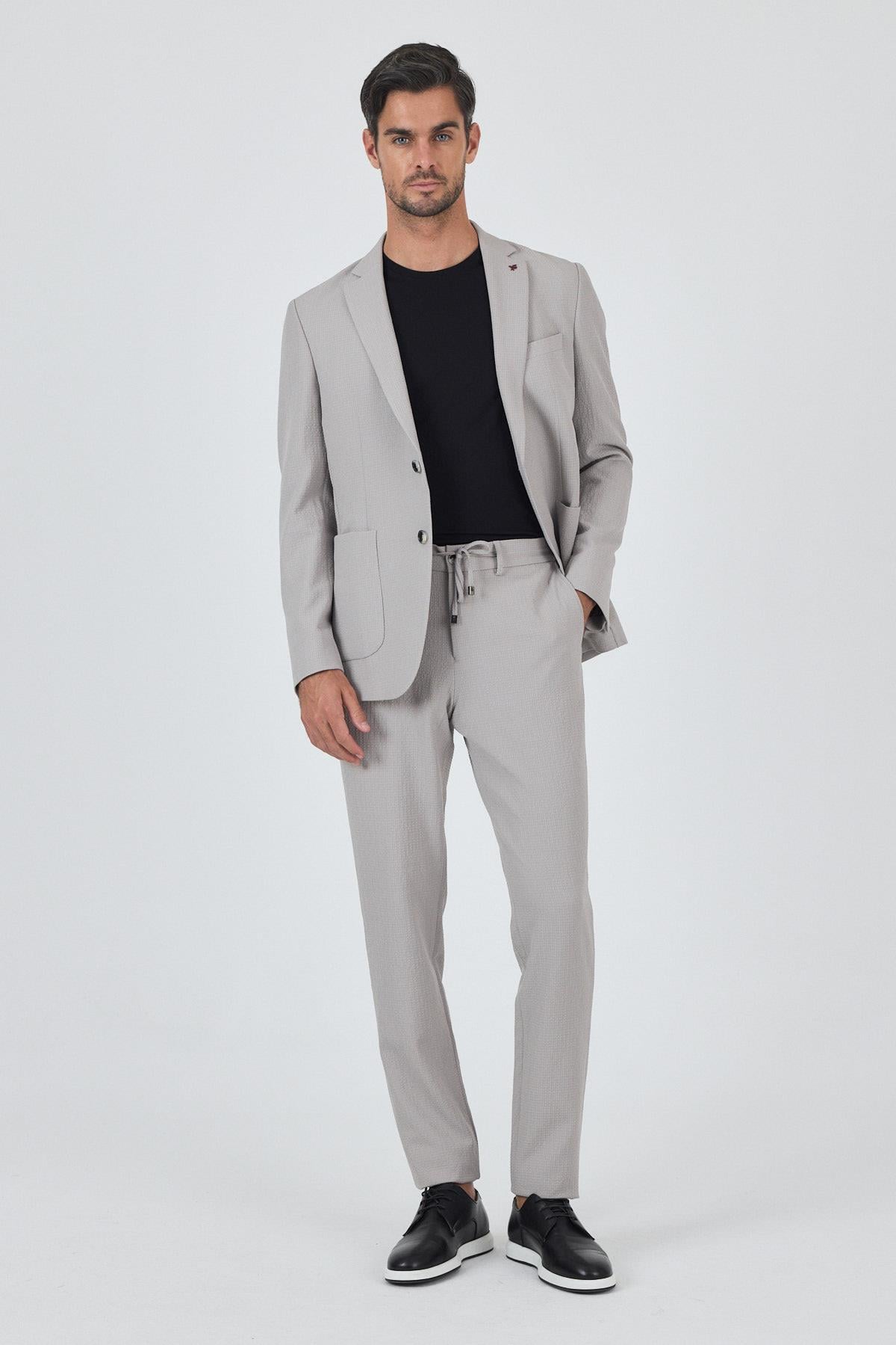 Taş Rengi Mono Yaka 6 Drop Slim Fit Esnek Beli Lastikli Takım Elbise 1001250174