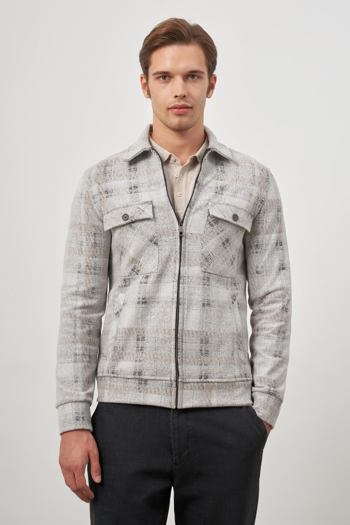 Taş Rengi Örme Bebe Yaka Kendinden Desenli Yırtmaçsız Astarsız Slim Fit Classic Mont 1007245157