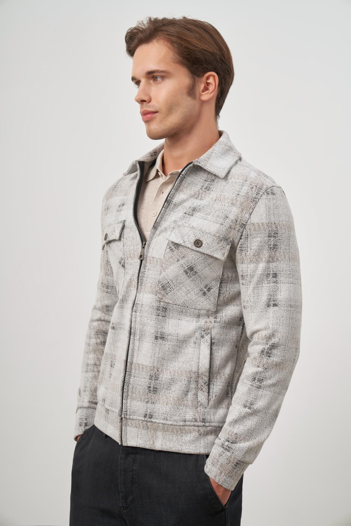 Taş Rengi Örme Bebe Yaka Kendinden Desenli Yırtmaçsız Astarsız Slim Fit Classic Mont 1007245157