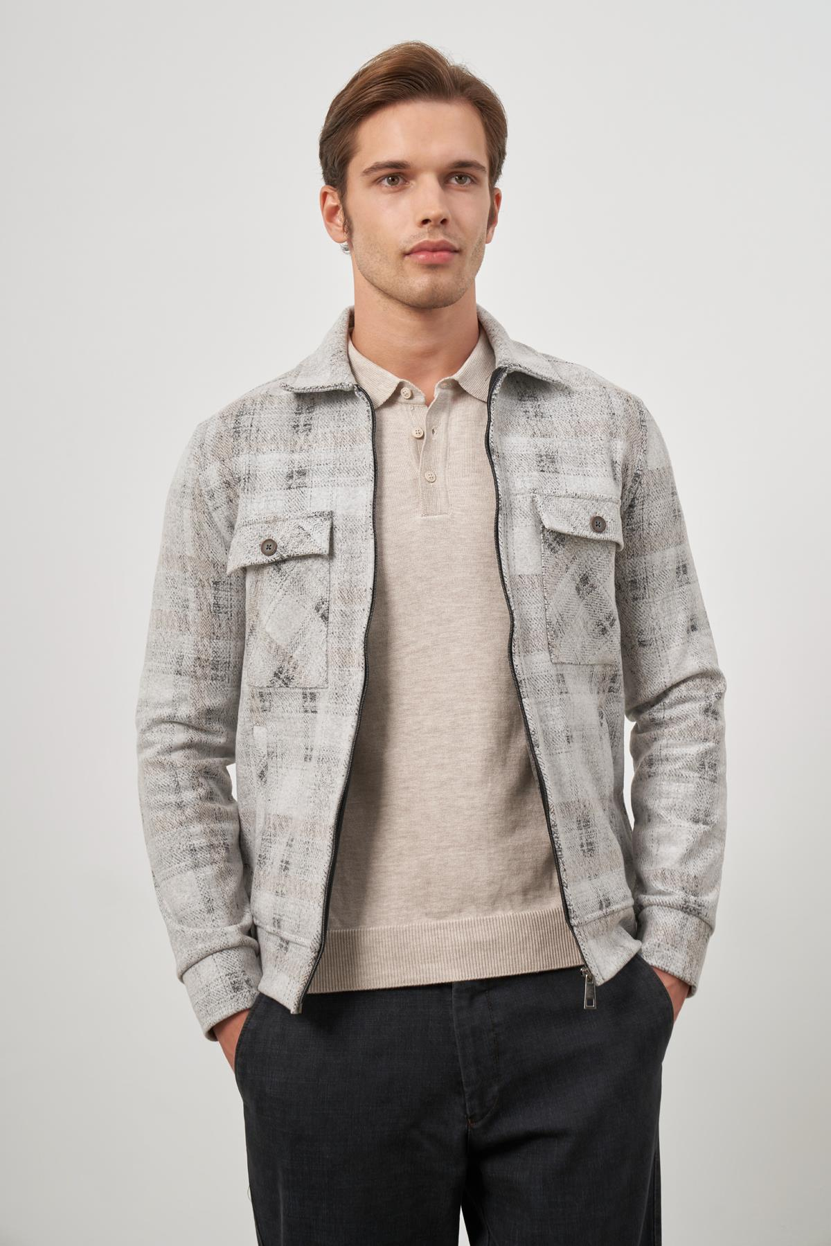 Taş Rengi Örme Bebe Yaka Kendinden Desenli Yırtmaçsız Astarsız Slim Fit Classic Mont 1007245157