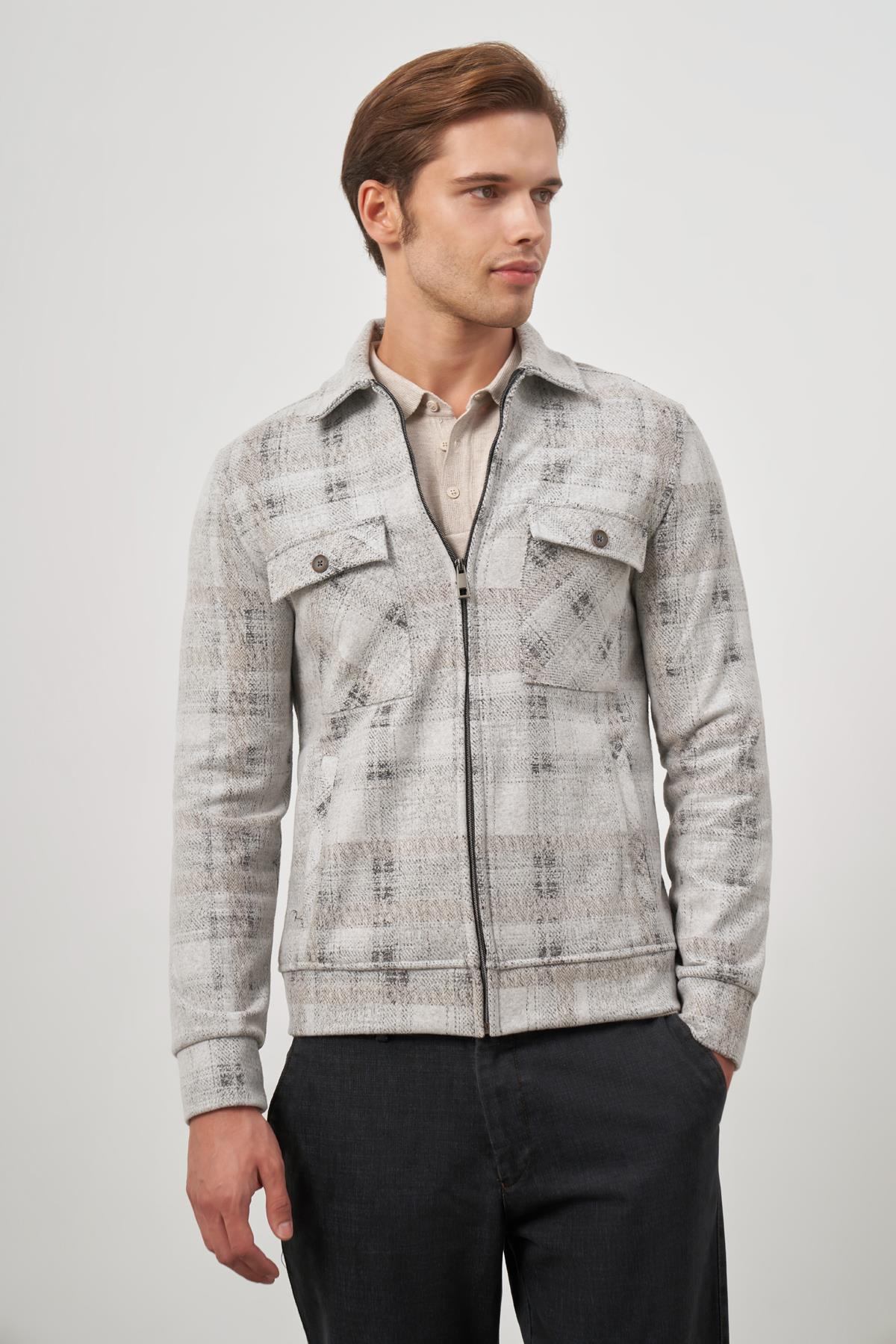 Taş Rengi Örme Bebe Yaka Kendinden Desenli Yırtmaçsız Astarsız Slim Fit Classic Mont 1007245157