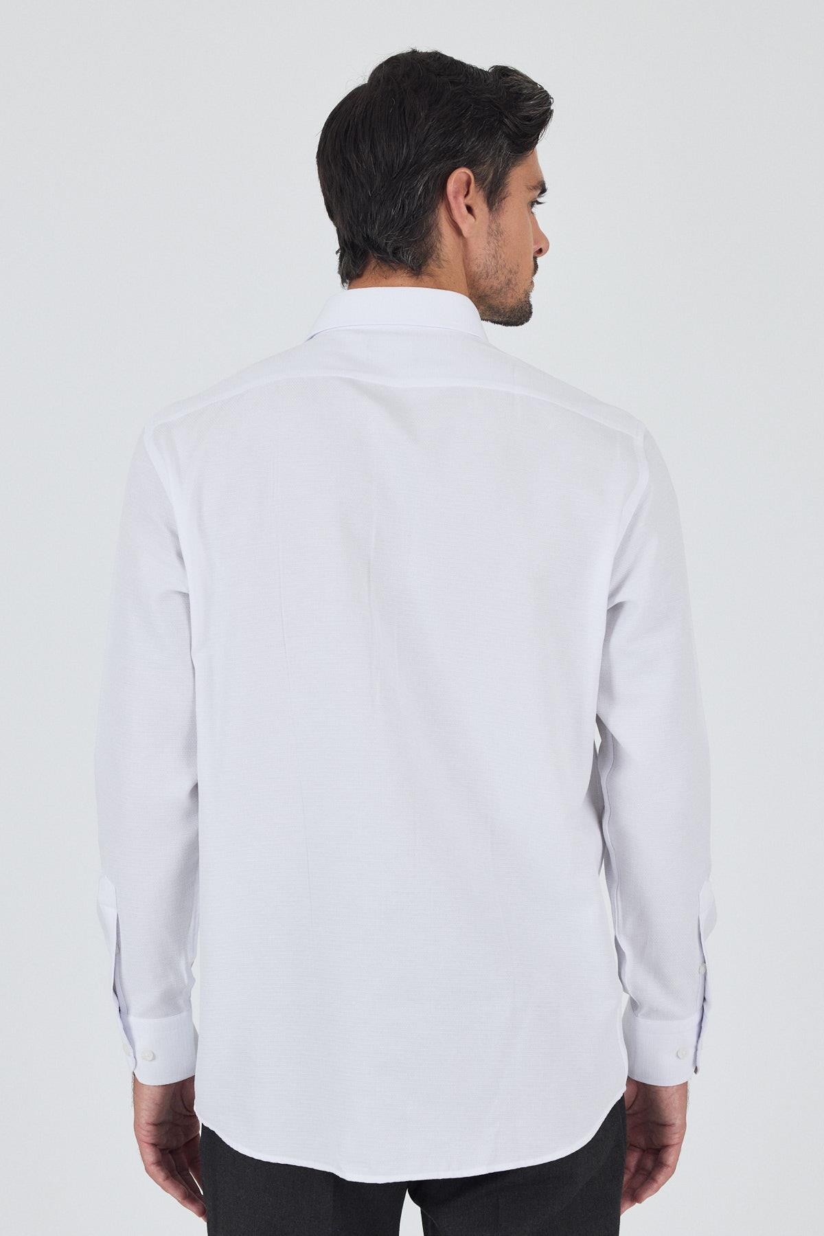 Beyaz Kol Desenli Armürlü Sert Yaka cepli Pamuklu Classic Comfort Fit Gömlek 1004250187