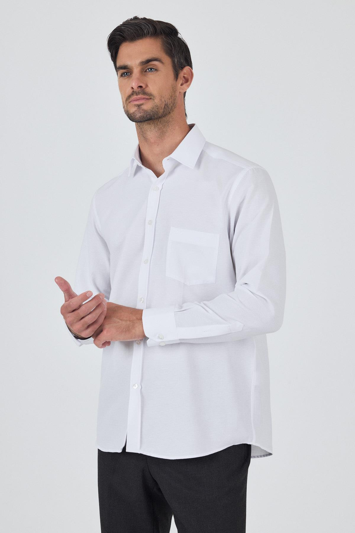 Beyaz Kol Desenli Armürlü Sert Yaka cepli Pamuklu Classic Comfort Fit Gömlek 1004250187