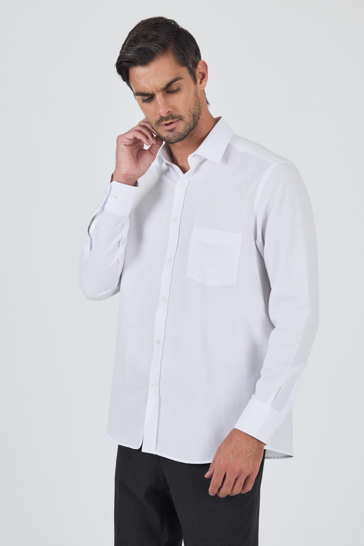Beyaz Kol Desenli Armürlü Sert Yaka cepli Pamuklu Classic Comfort Fit Gömlek 1004250187