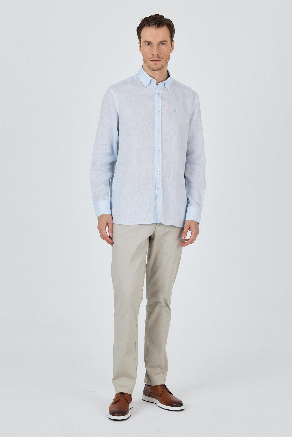 Mavi Kol Düz Keten Düğmeli Yaka Cepsiz Casual Comfort Fit Gömlek 1004250114