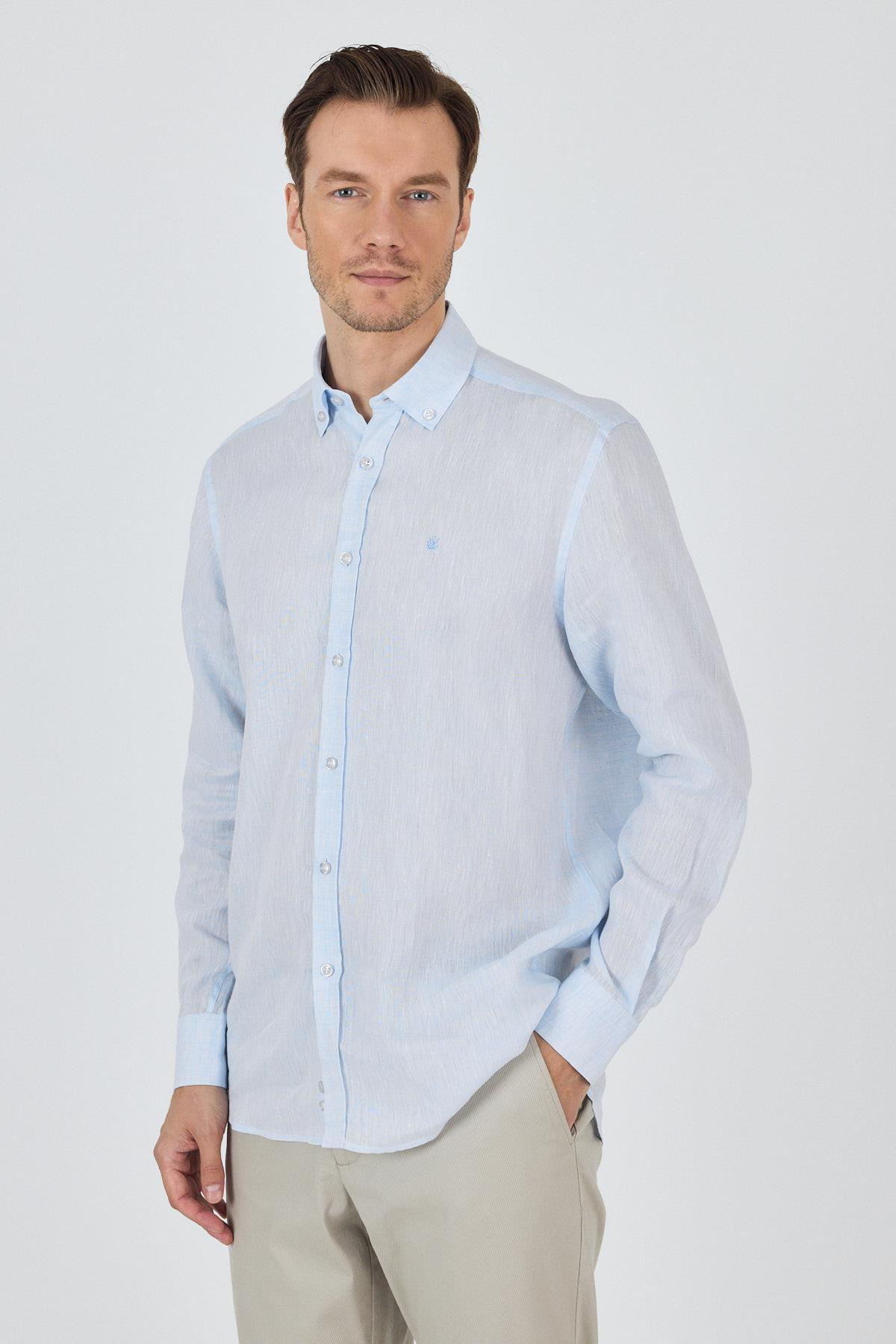 Mavi Kol Düz Keten Düğmeli Yaka Cepsiz Casual Comfort Fit Gömlek 1004250114