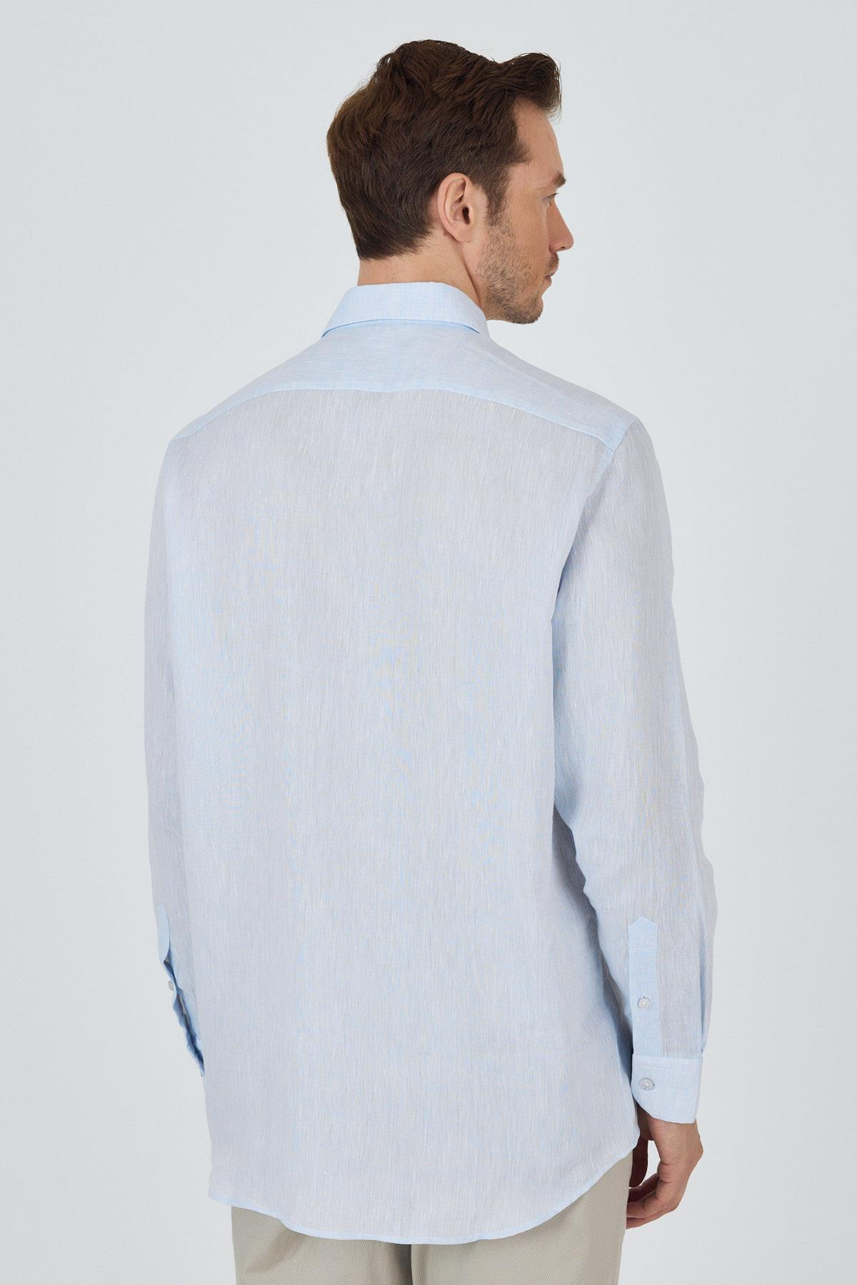 Mavi Kol Düz Keten Düğmeli Yaka Cepsiz Casual Comfort Fit Gömlek 1004250114