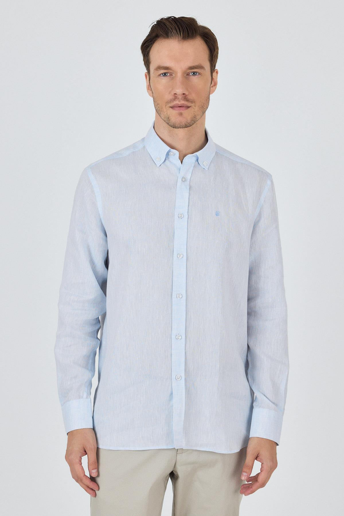 Mavi Kol Düz Keten Düğmeli Yaka Cepsiz Casual Comfort Fit Gömlek 1004250114