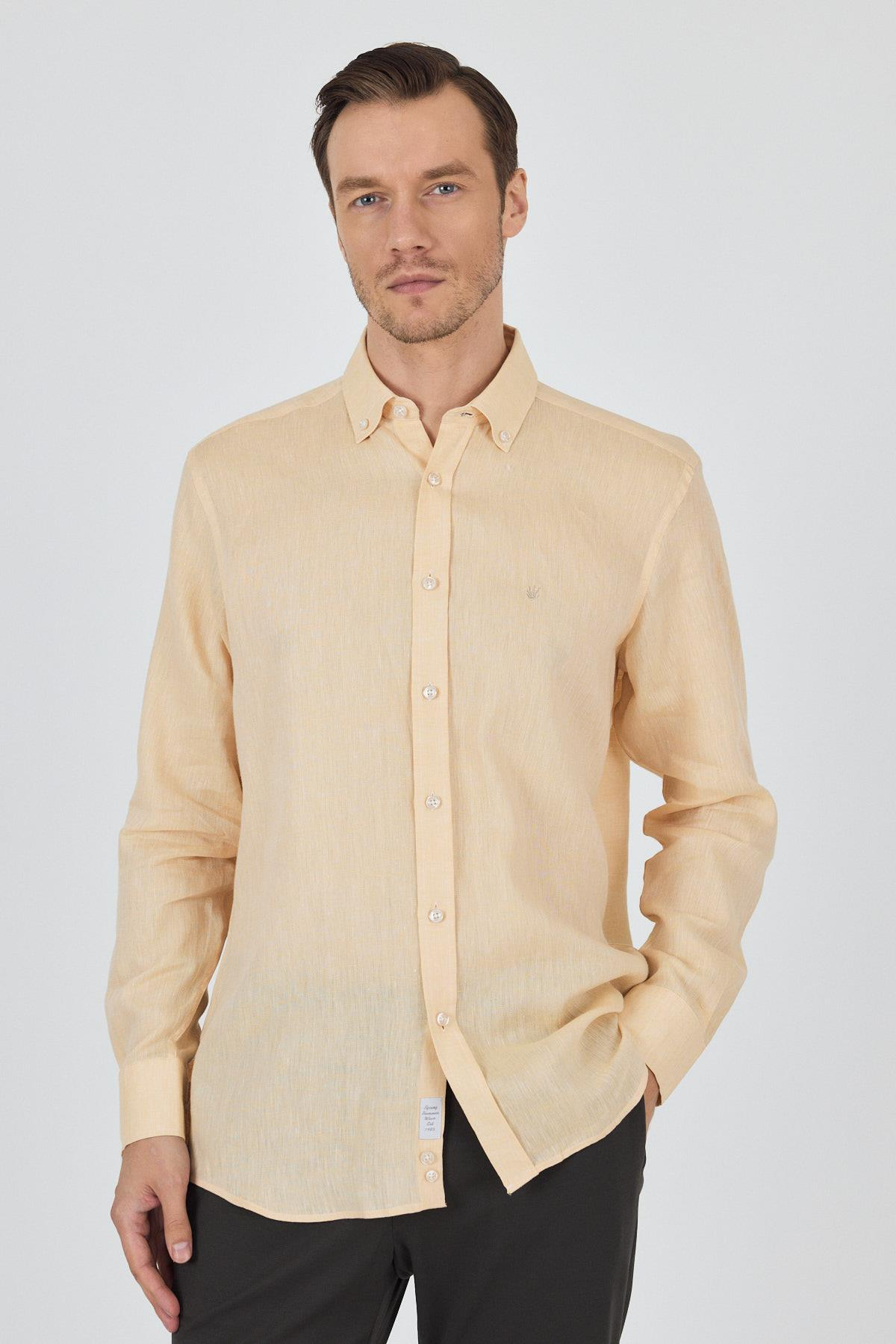 Turuncu Kol Düz Keten Düğmeli Yaka Cepsiz Casual Comfort Fit Gömlek 1004250114