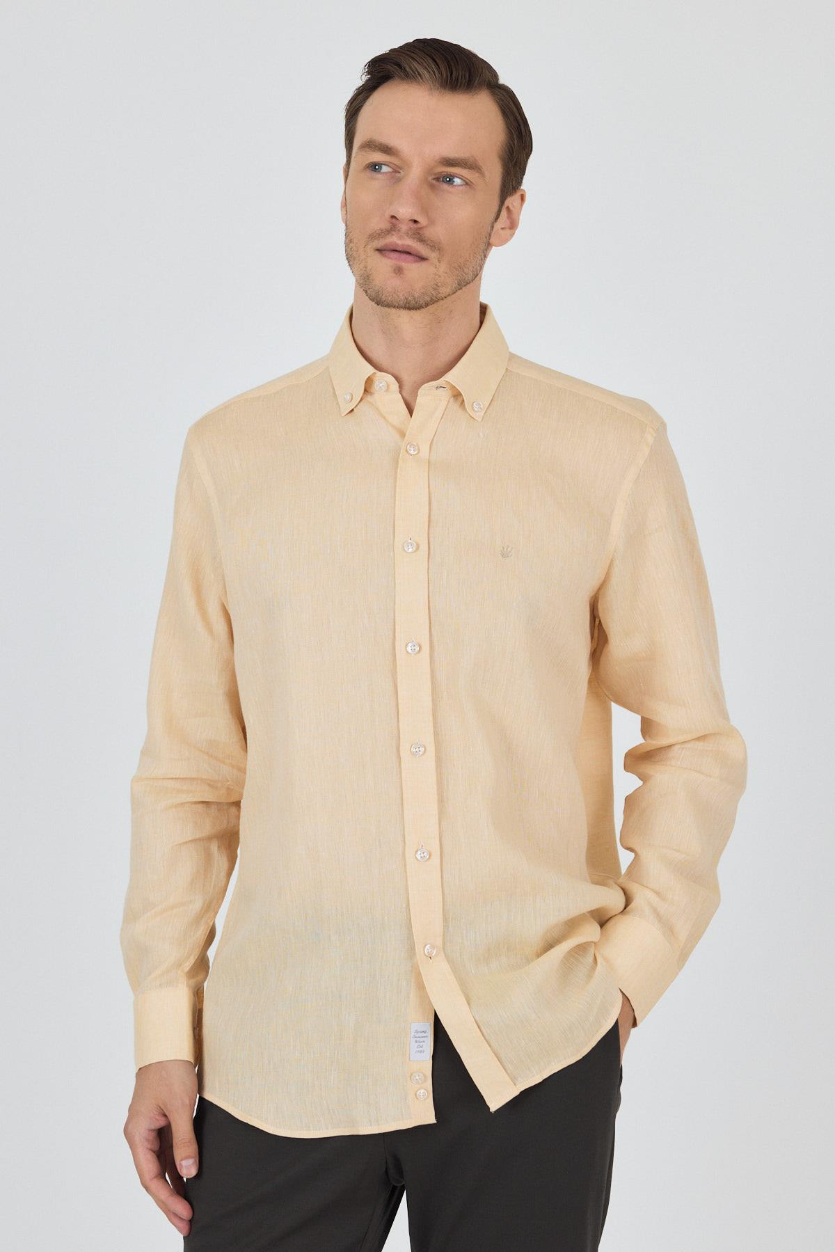 Turuncu Kol Düz Keten Düğmeli Yaka Cepsiz Casual Comfort Fit Gömlek 1004250114