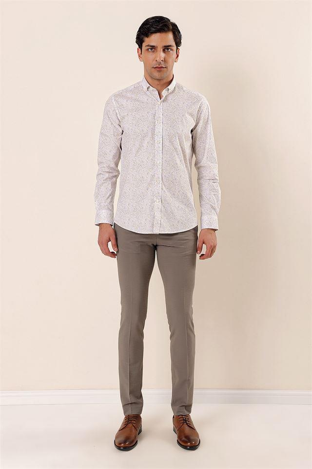 Sarı Uzun Kollu Baskılı Cepsiz Pamuklu Likralı Casual Slim Fit Dar Kesim Gömlek 1004230136