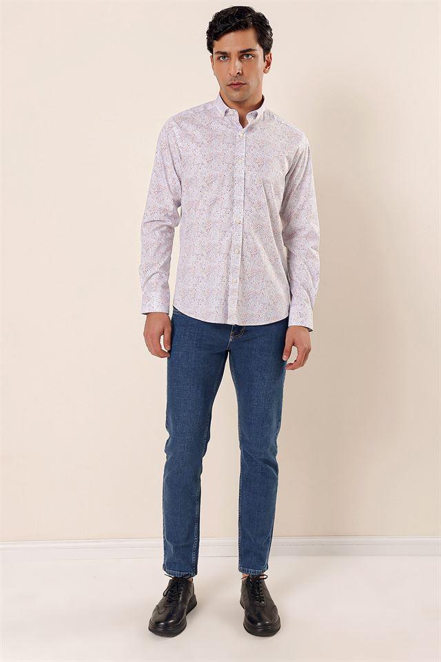 Mavi Uzun Kollu Baskılı Cepsiz Pamuklu Likralı Casual Slim Fit Dar Kesim Gömlek 1004230136