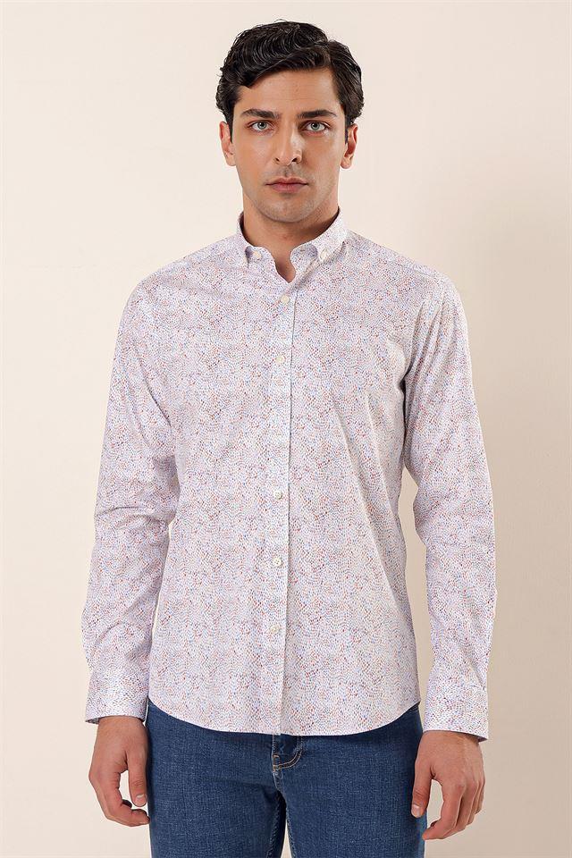 Mavi Uzun Kollu Baskılı Cepsiz Pamuklu Likralı Casual Slim Fit Dar Kesim Gömlek 1004230136