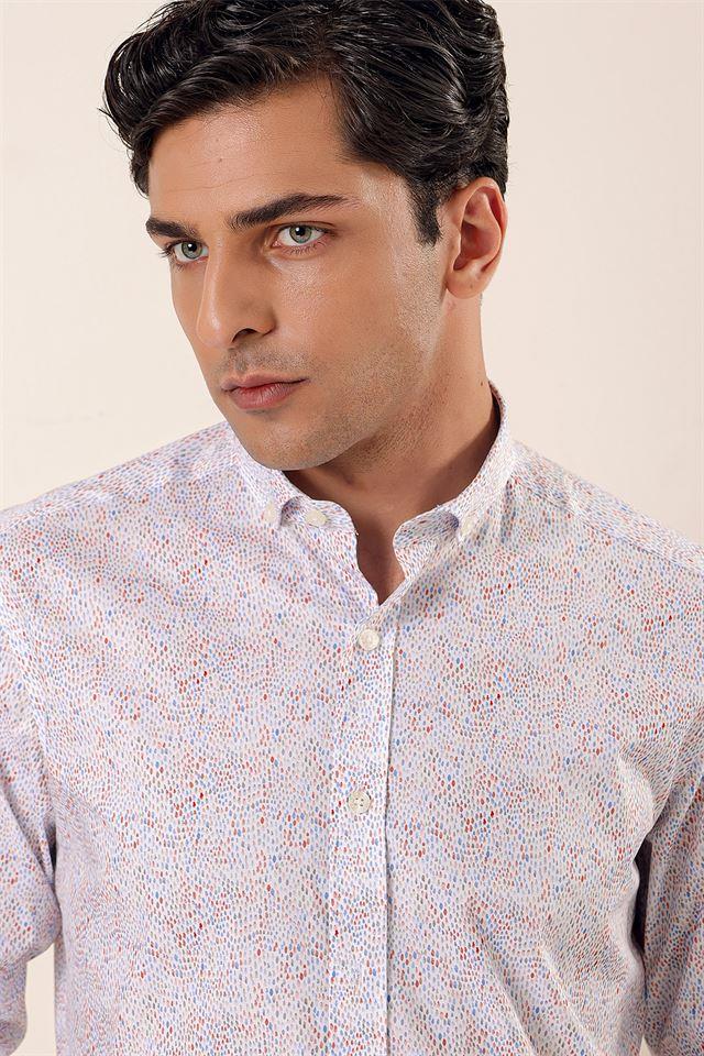 Mavi Uzun Kollu Baskılı Cepsiz Pamuklu Likralı Casual Slim Fit Dar Kesim Gömlek 1004230136