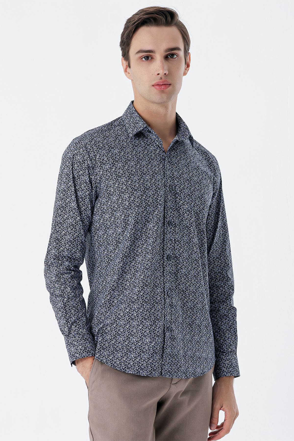 Lacivert Uzun Kollu Baskılı Cepsiz Pamuklu Likralı Klasik Slim Fit Gömlek 1004235127