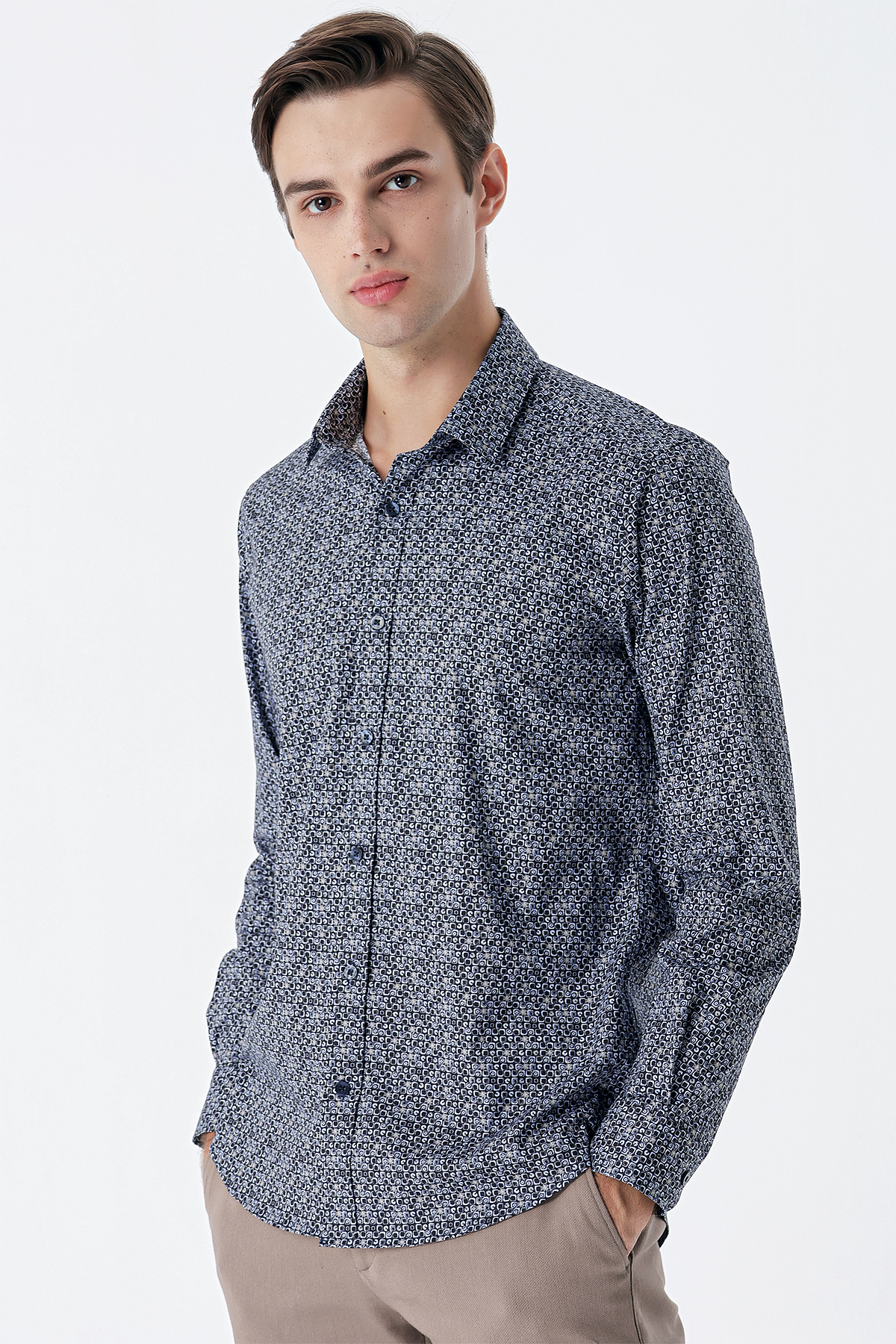 Lacivert Uzun Kollu Baskılı Cepsiz Pamuklu Likralı Klasik Slim Fit Gömlek 1004235127