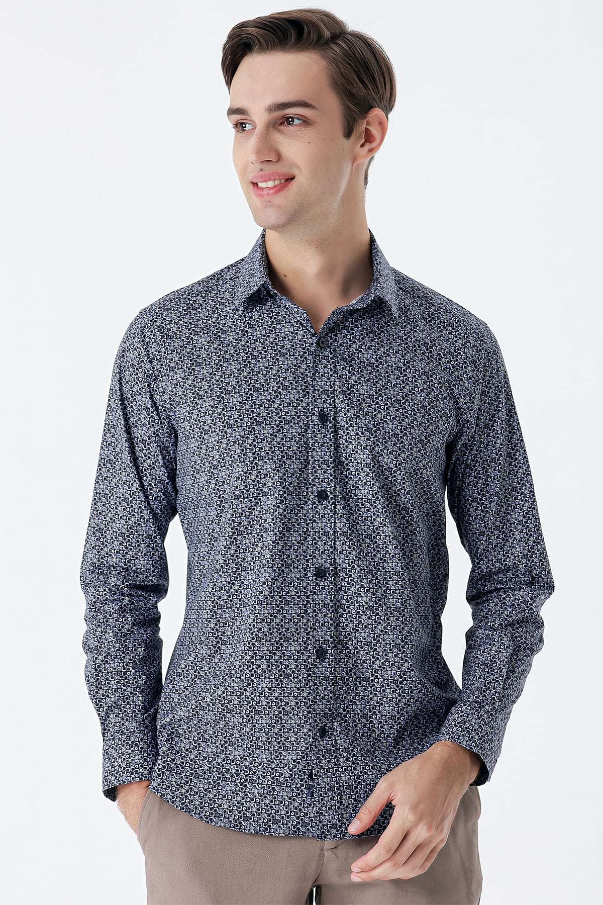 Lacivert Uzun Kollu Baskılı Cepsiz Pamuklu Likralı Klasik Slim Fit Gömlek 1004235127